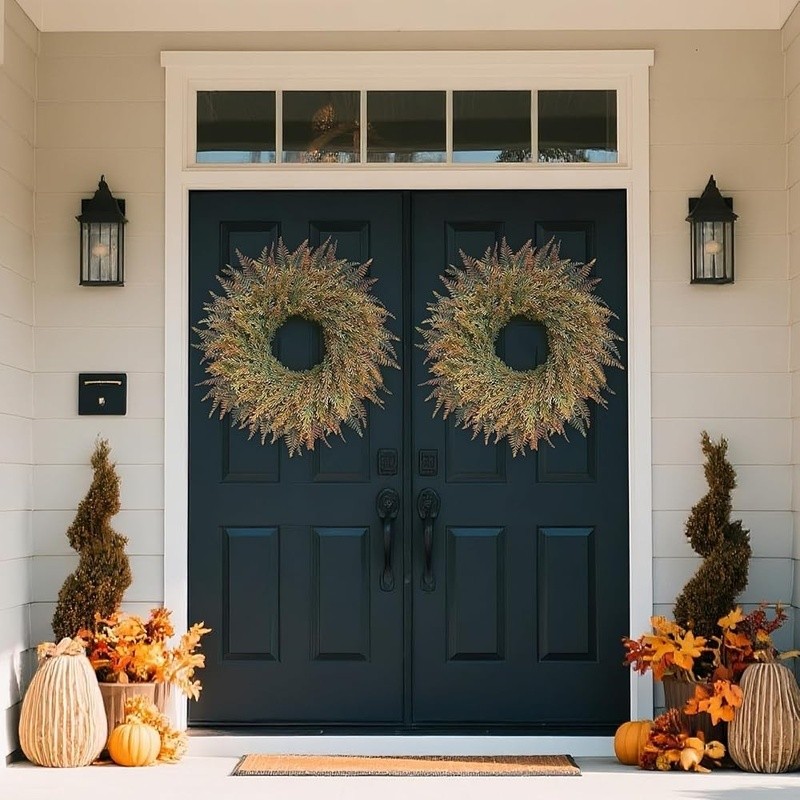 Full Autumn Wreath Door Decor Artificial Fern Wheat Grass Harvest Decoration New