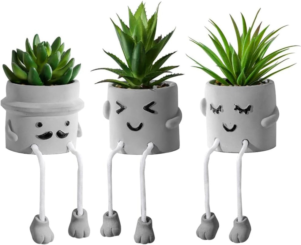 3Pcs Creative Artificial Succulents with Gray Flower Pots, Mini Potted Succulent