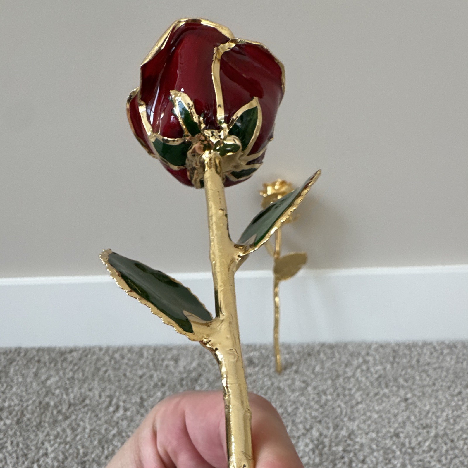 Gold Plated Artificial Rose Flower Stem Wall Decor 2pc Gold Red Green Floral
