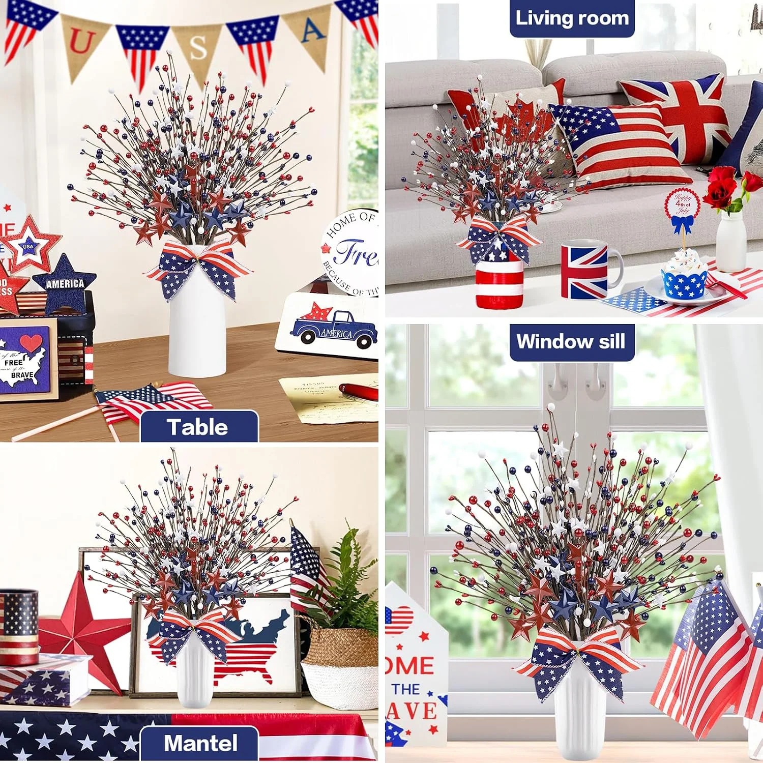 8 Pack Patriotic Artificial Berry Stem Picks,17.5″ Red White Blue Stars with Bow