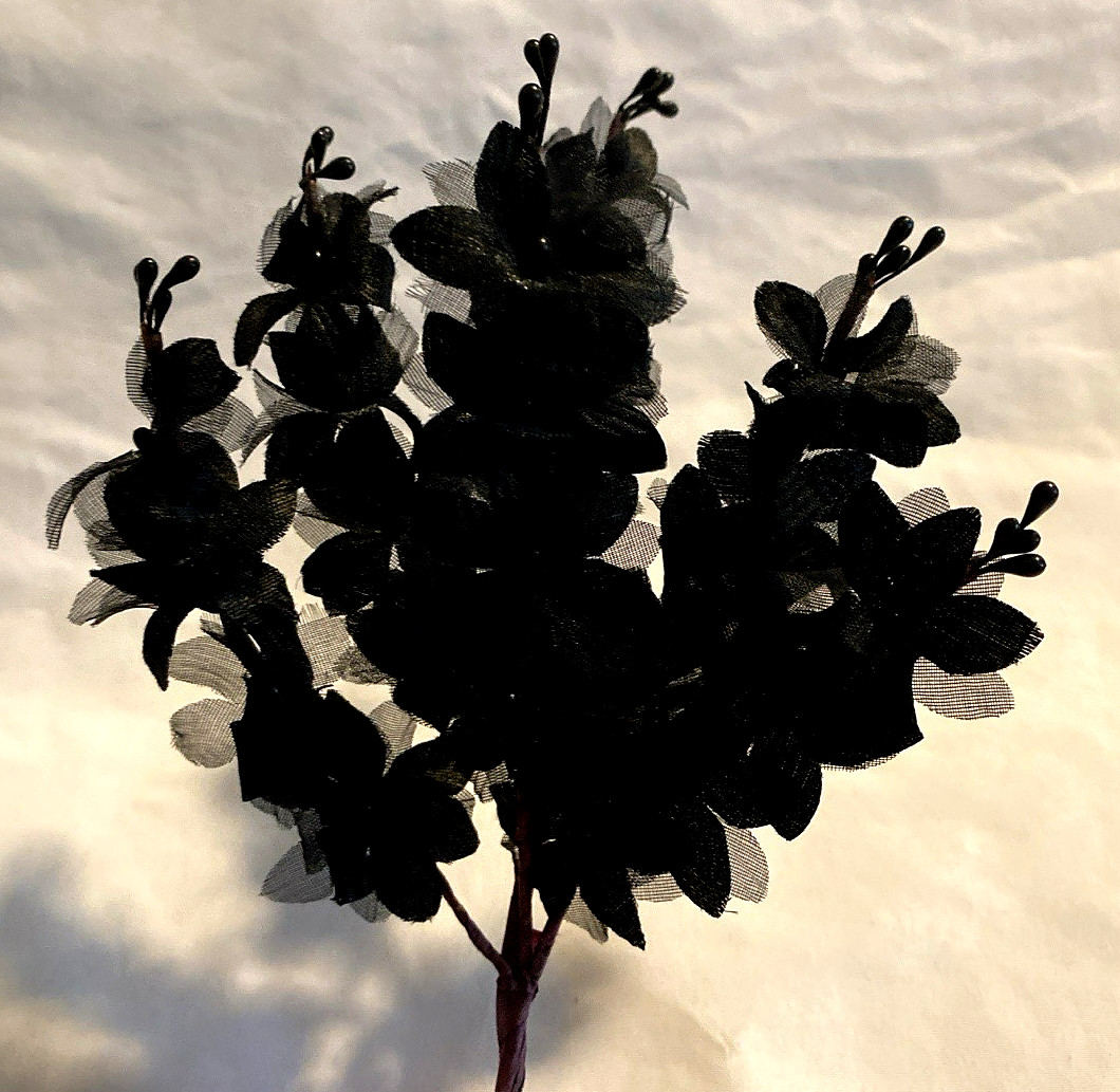 8 Black Floral Picks Halloween, Goth Wedding, Wedding, Black Tie Event 9″