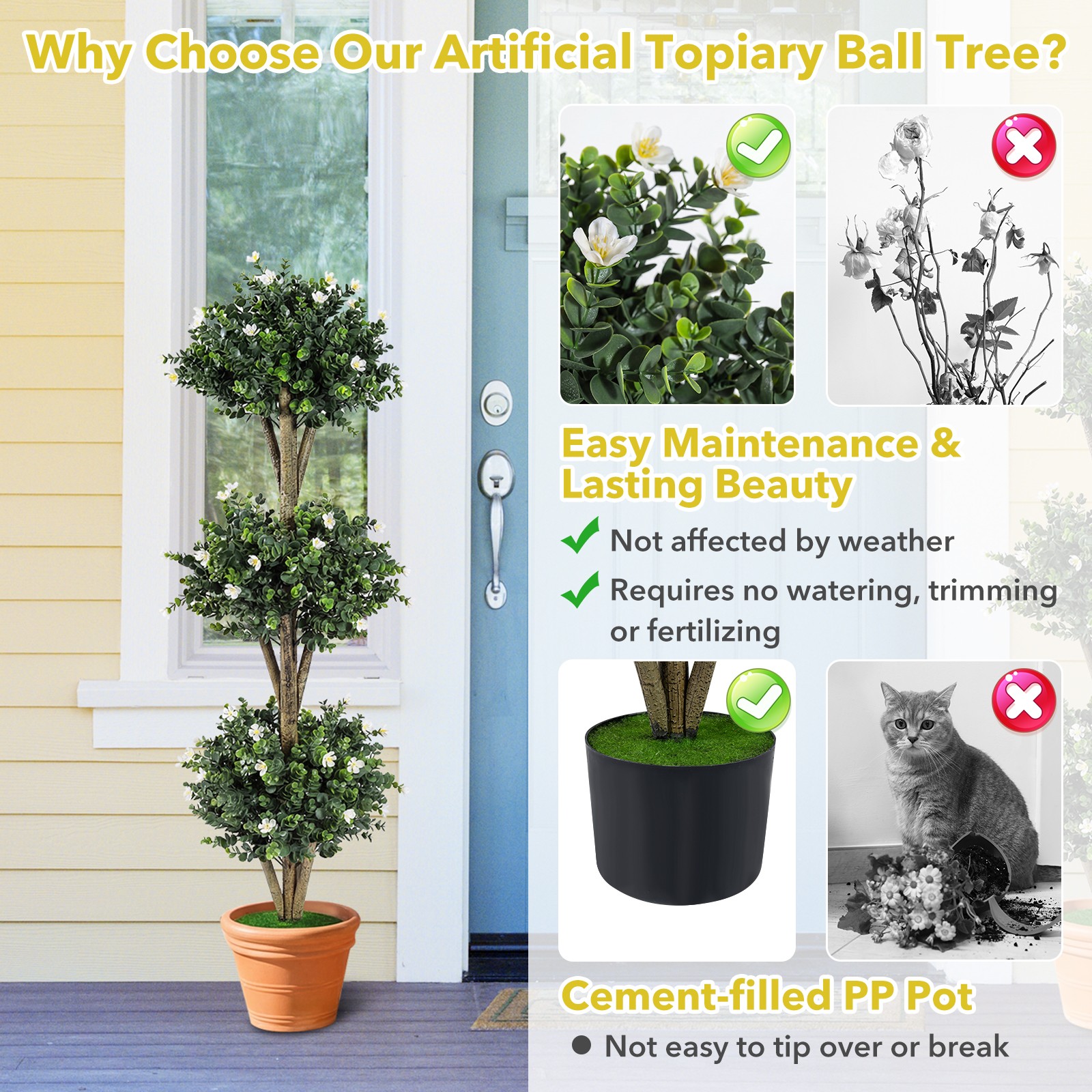 2PCS Artificial Triple Ball Boxwood Topiary Tree w/59 Blossoms for Porch Home