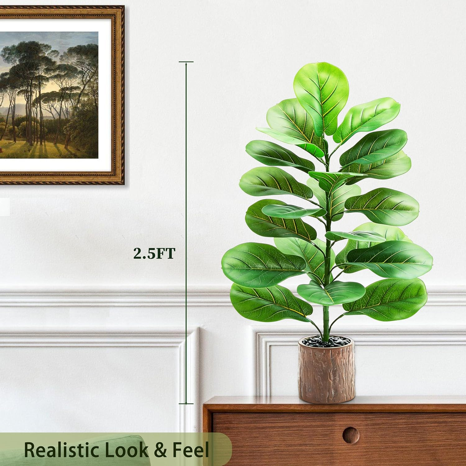 2 Pack 30″ Faux Fiddle Leaf Fig Trees with Wood-Grain Pots for Home Decor