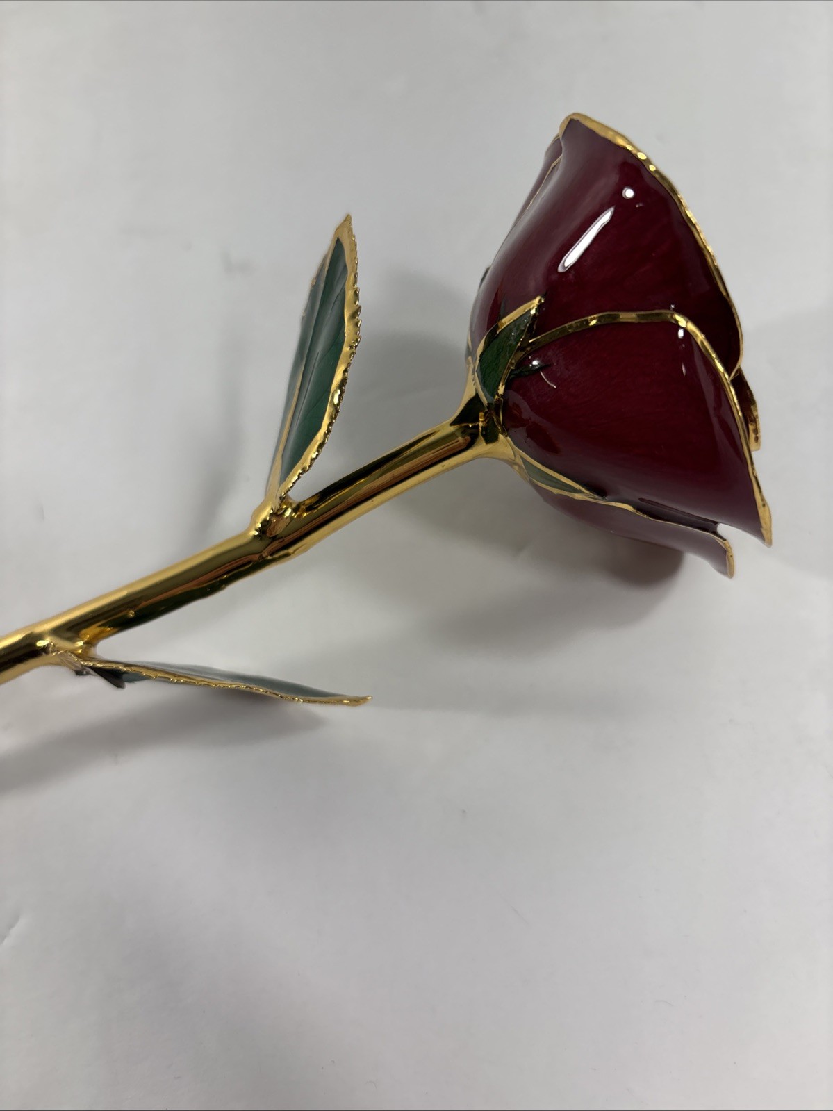 Gold Trimmed Valentine Red Rose 24K Style Long Stem Enamel Flower Gift 11”