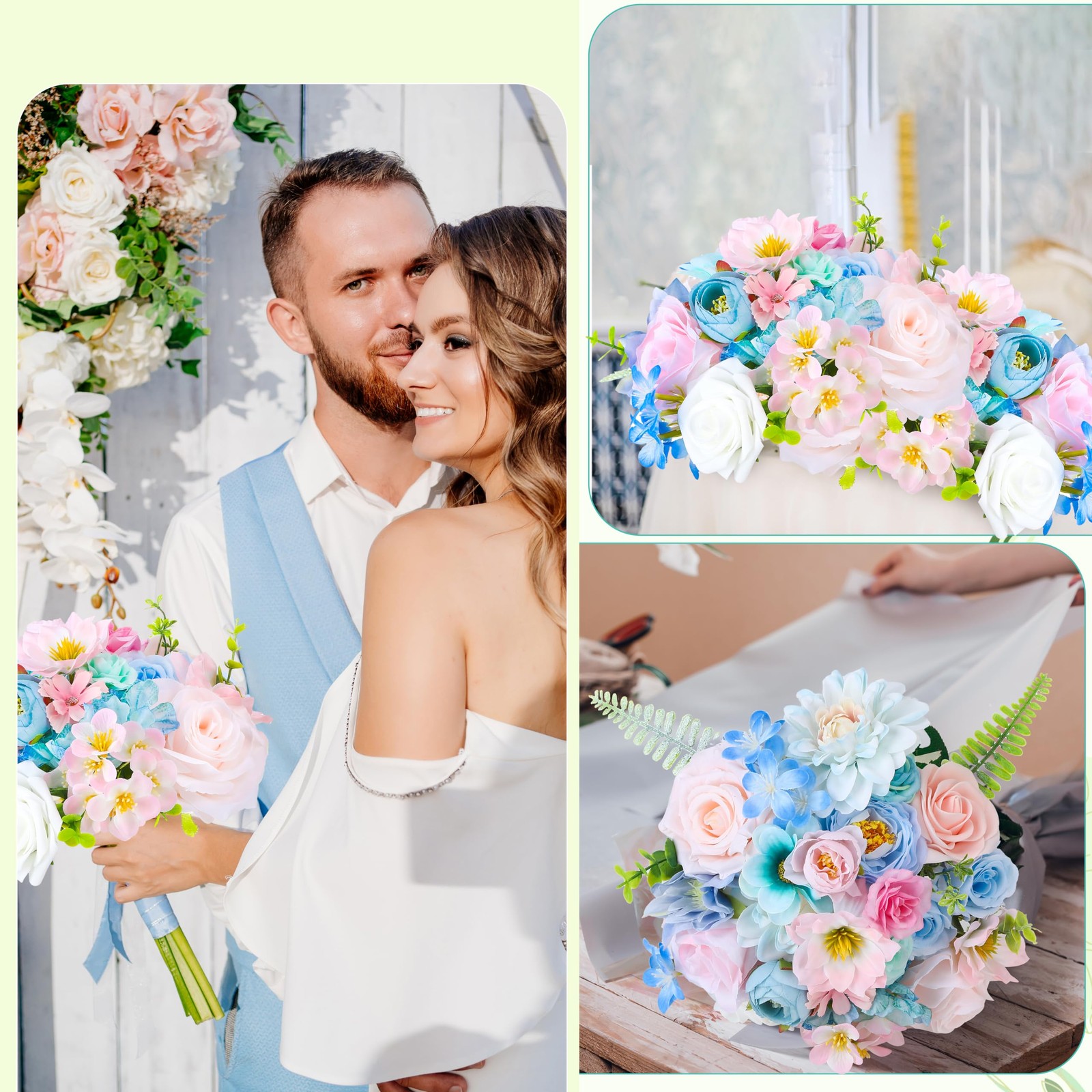 Blue, Pink, Green Artificial Flowers Combo Box Fake Silk Roses with Stems Hyd…