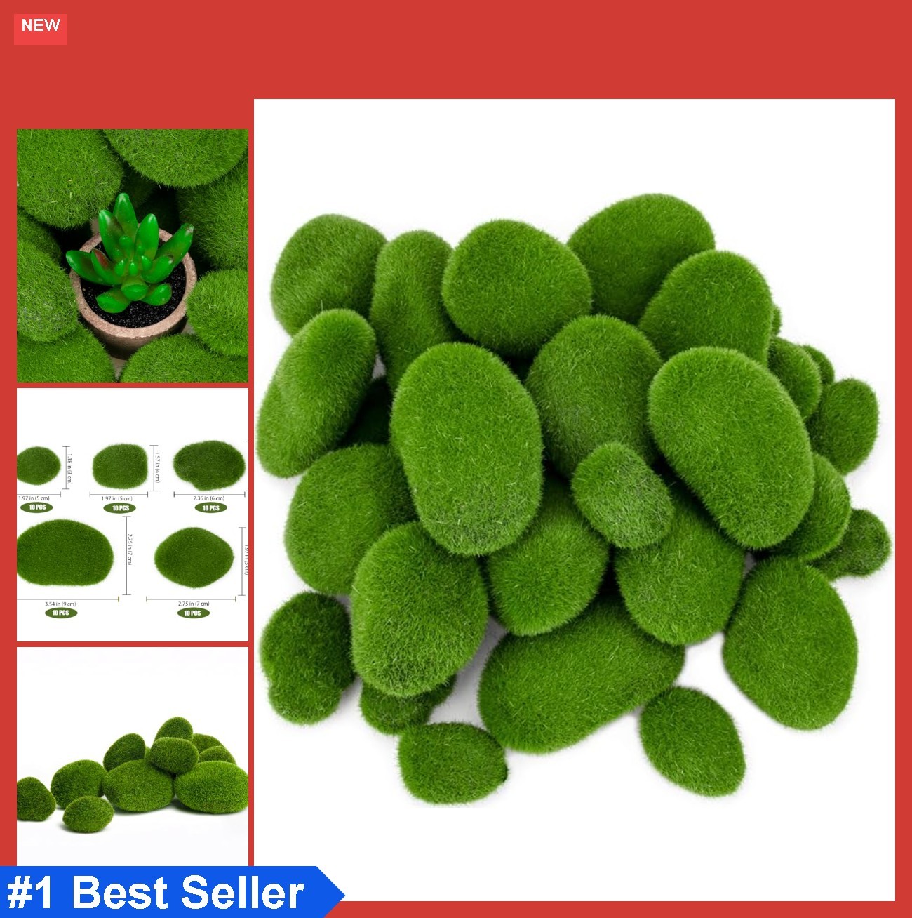 50 Pcs 5 Size Artificial Moss Rocks Decorative, Faux Green Moss Decor Balls for