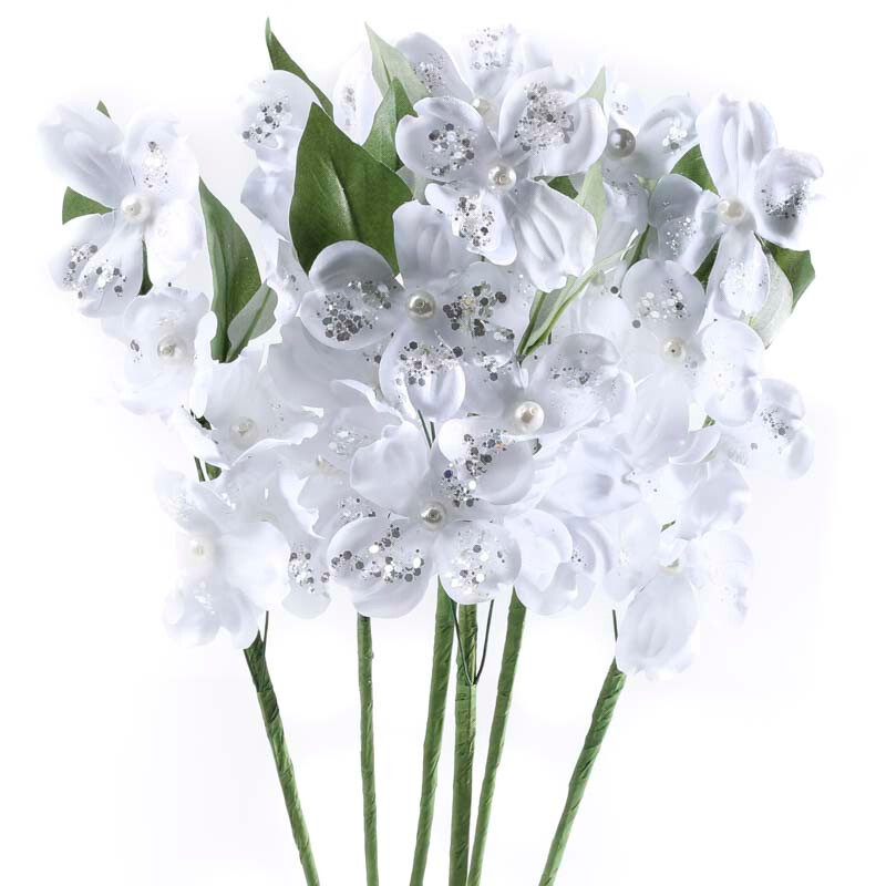 Package of 6 Sparkling Pearl Artificial Dogwood 14-3/4″ Picks