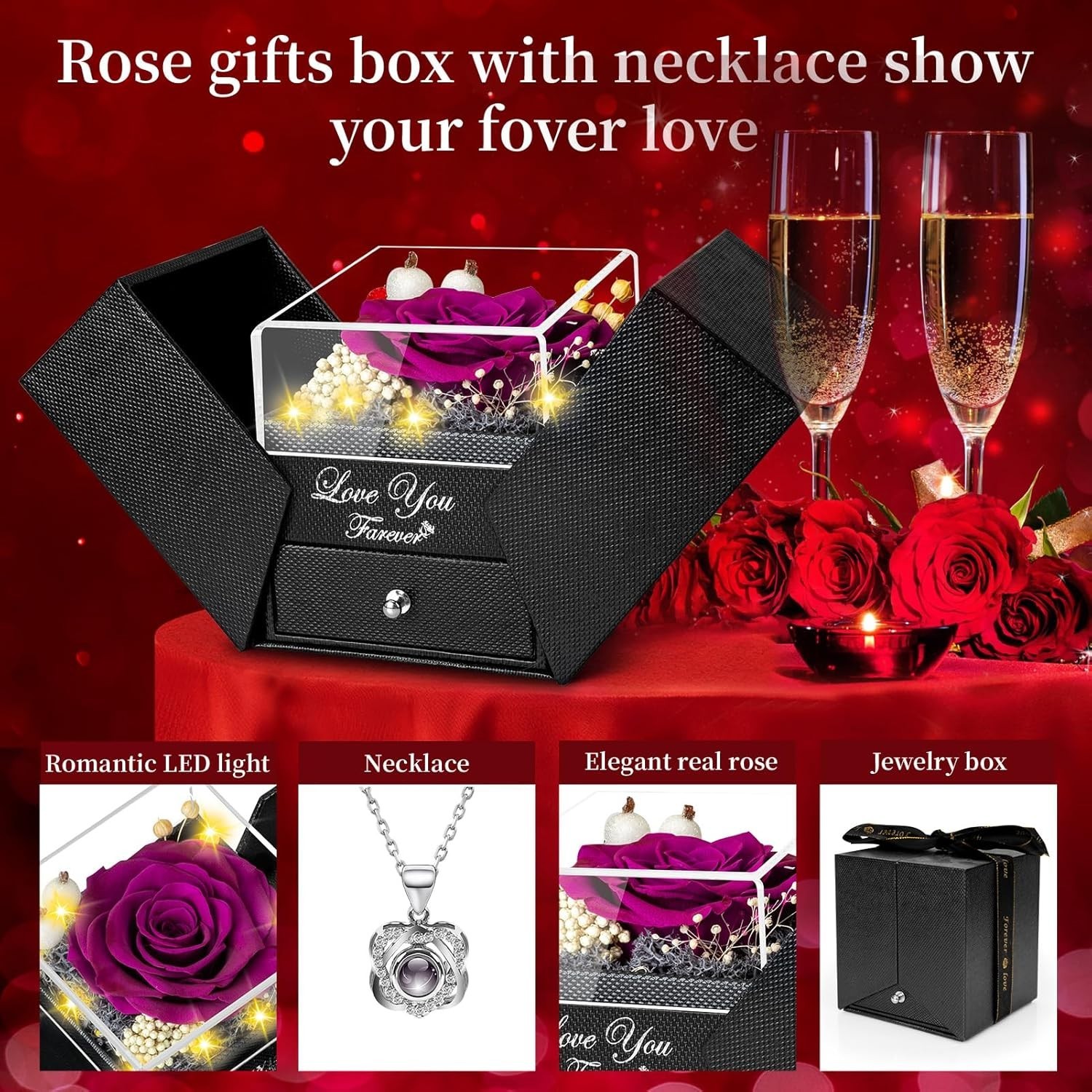 Eternal Purple Preserved Rose with Double Heart ‘I LOVE YOU’ Necklace Gift Set
