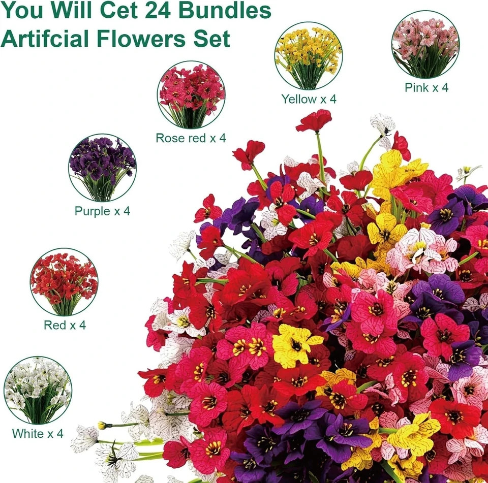 24 Pcs (6 Color) UV Resistant Outdoor Artificial Faux Flowers Plants Realistic P