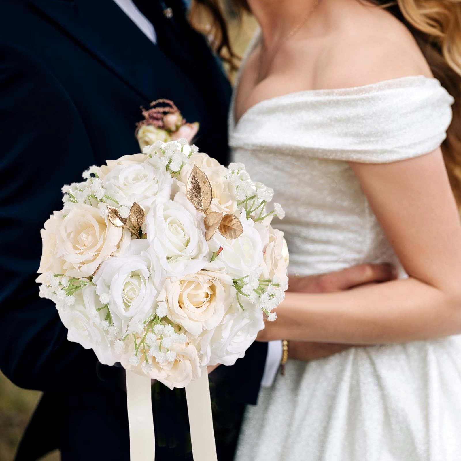 Wedding Bouquets for Bride – Realistic Silk Flowers Artificial Roses, 9 Inch …