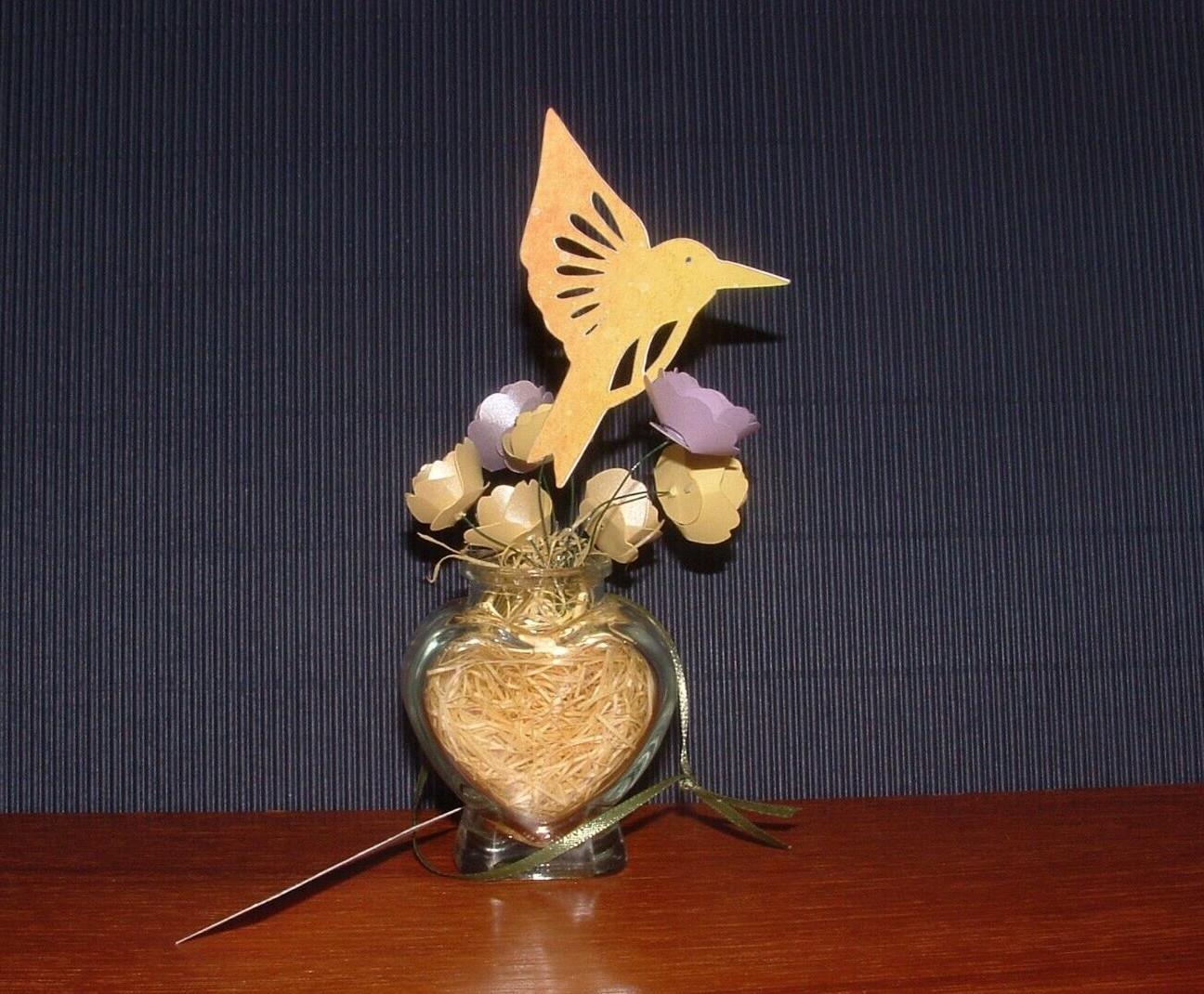 Hand Rolled Paper Flowers Hummingbird Bouquet, Glass Heart Vase, w/ Gift Tag