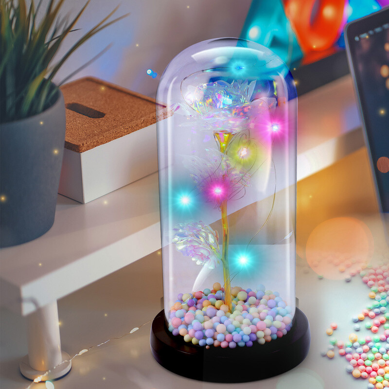 Preserved Eternal Gold Foil Rose In Glass Galaxy Flower Dome LED Light Gift Her