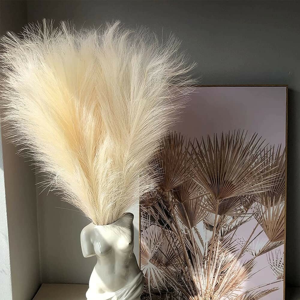 CHUKCHI Faux Pampas Grass-17.7″ 6 Bunches (Beige) Fluffy Artificial Dried