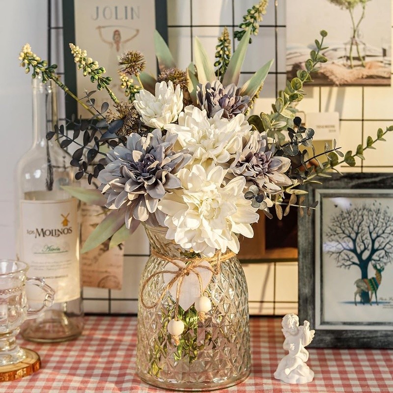Artificial Dahlia Flowers Vase Elegant Floral Arrangement Home Decor Centerpiece