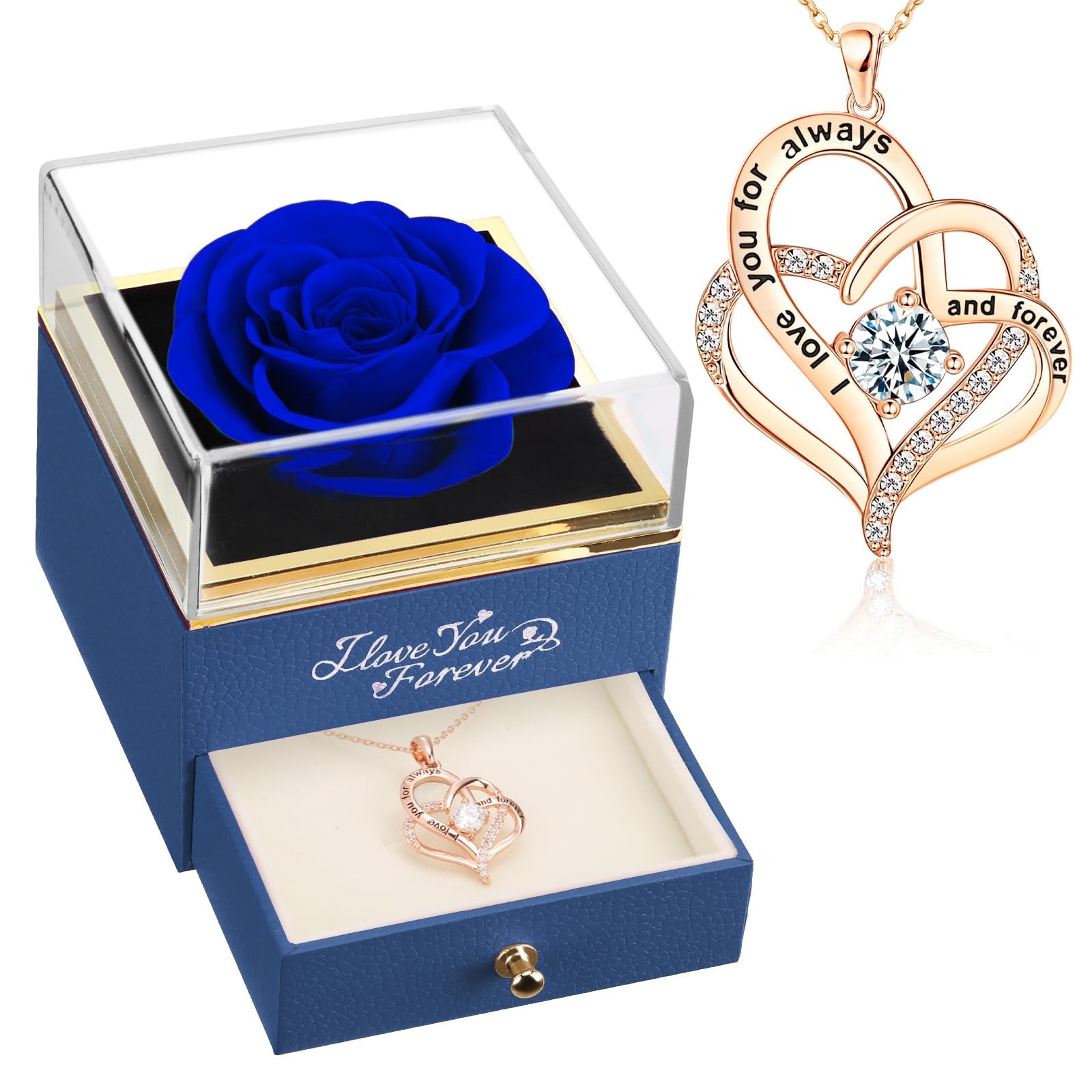 Forever Blue Rose with Heart Necklace, Preserved Flowers Gifts for Mom, Wife …