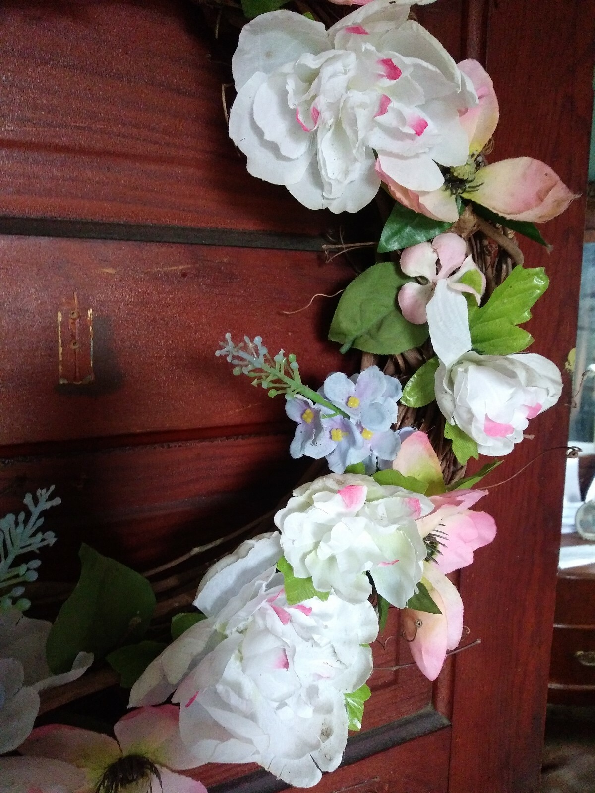 Springtime Pink, White And Blue Flowers W/green Leaves Grapevine Wreath…