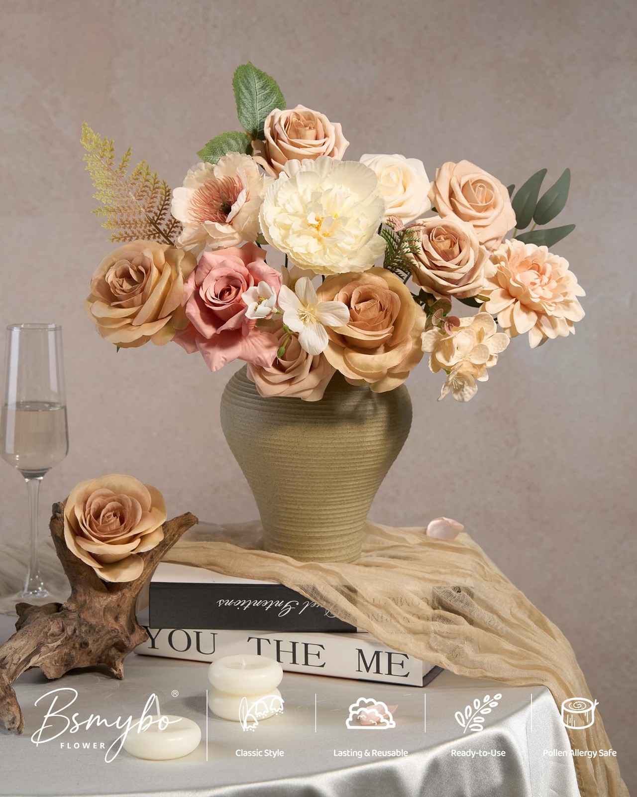 Artificial Flowers Combo Peach Flowers with Stems Fake Rose Faux Floral Arran…