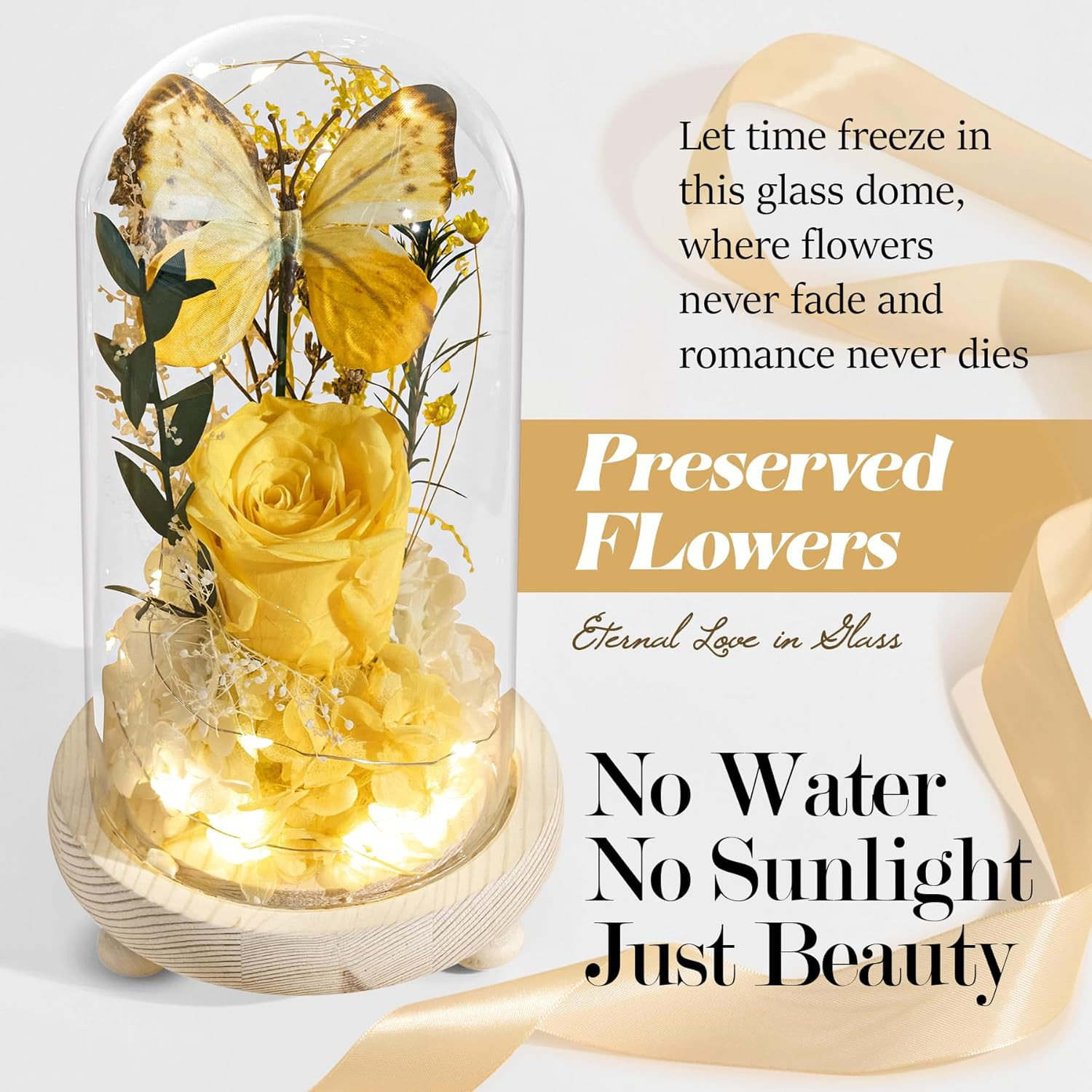 Preserved Yellow Roses in Glass Dome – Perfect Gift for Her on Any Occasion