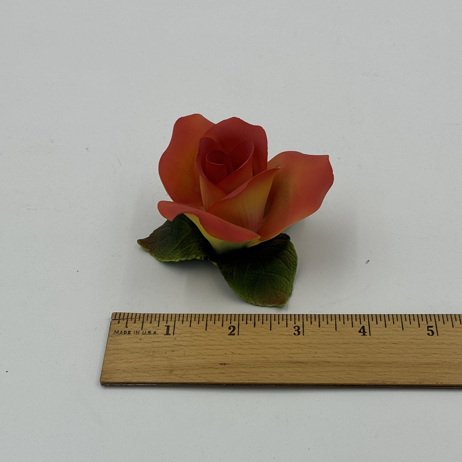 Porcelain Rose Flower Head Floral Décor, Orange/Yellow w/ Green Leaves 3.5in