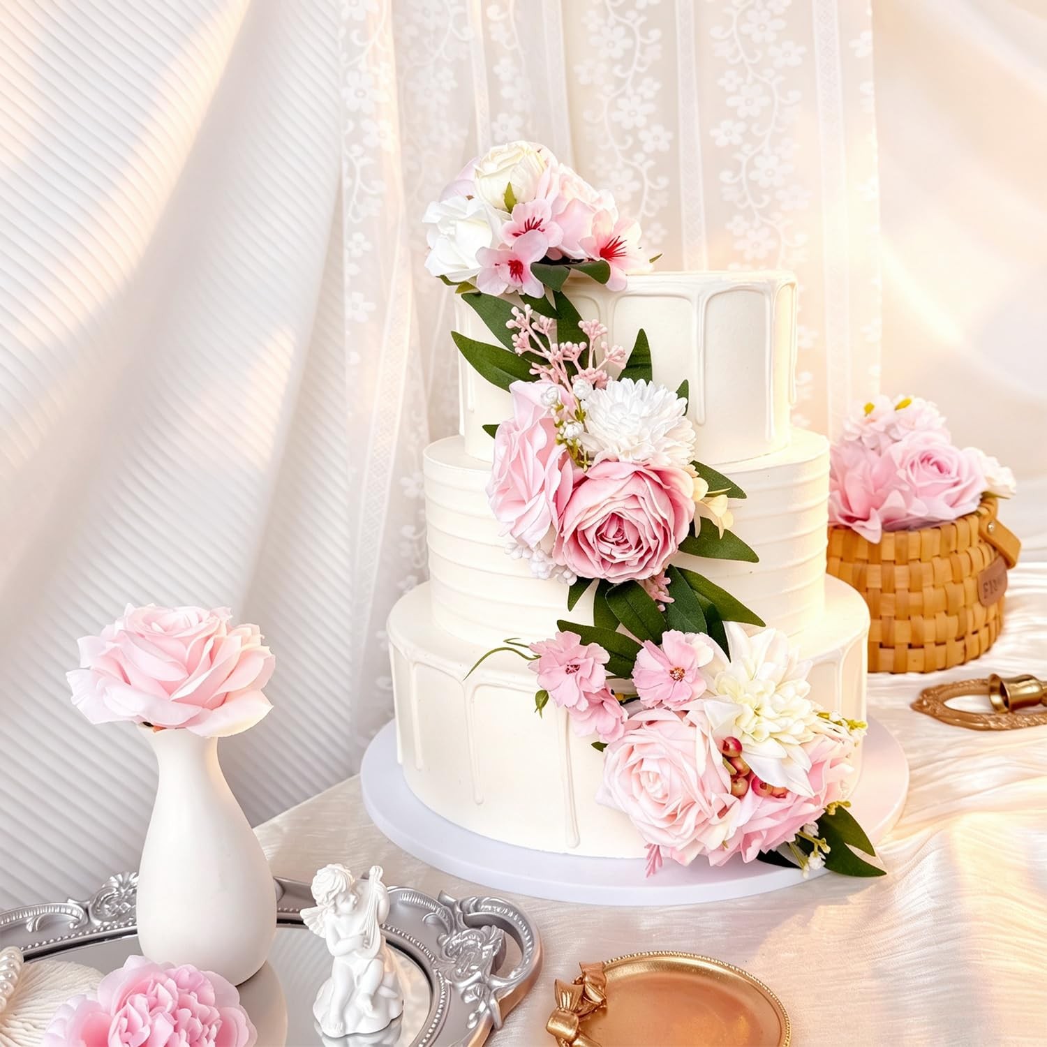 Blush Pink Artificial Cake Flowers Pre-Made Light Pastel Pink White Silk Rose…