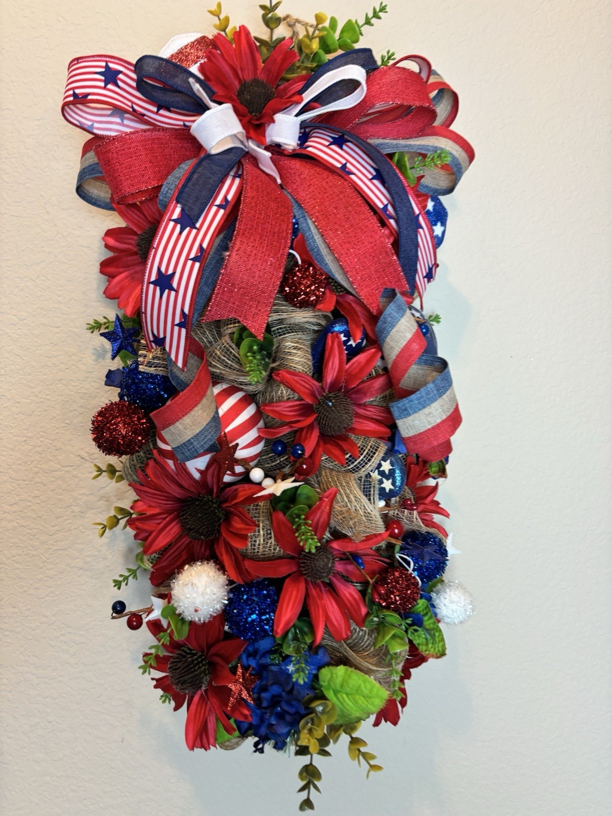 Patriotic Swag Wreath Red White Blue 4th July Door Decor Americana Bow