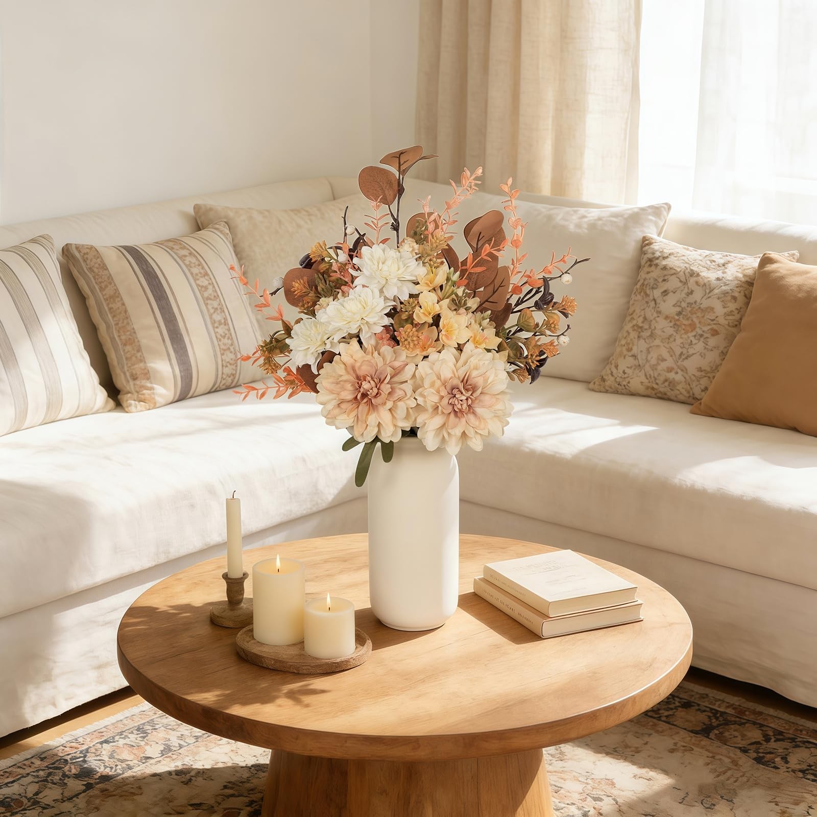 Artificial Fall Flowers Bouquet in Ceramic Vase, Faux Brown Flower Centerpiec…