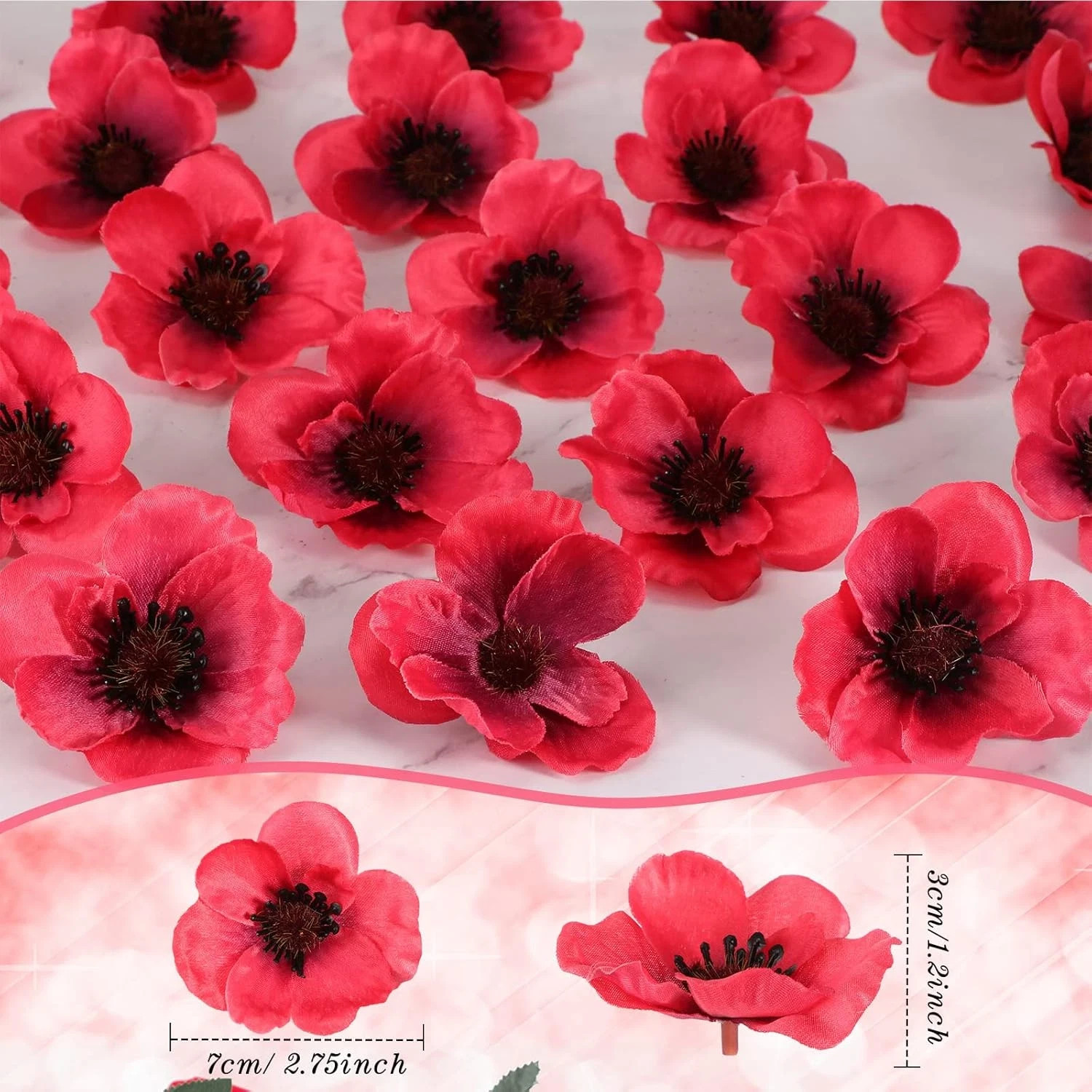 60 Pieces Artificial Poppies Flowers Red Poppy Artificial Silk Faux Steml