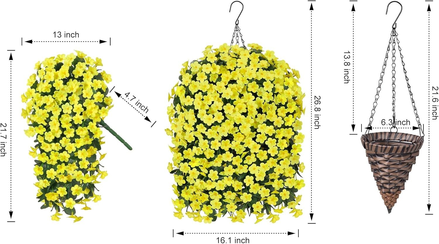 UV Resistant Faux Silk Yellow Daisy Hanging Plant Basket for -Round Decor