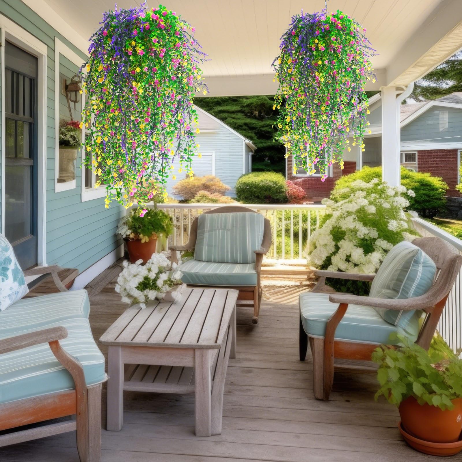 6 Pcs Spring Artificial Hanging Flowers Outdoor Faux Silk Mum Plant Decor Vio…