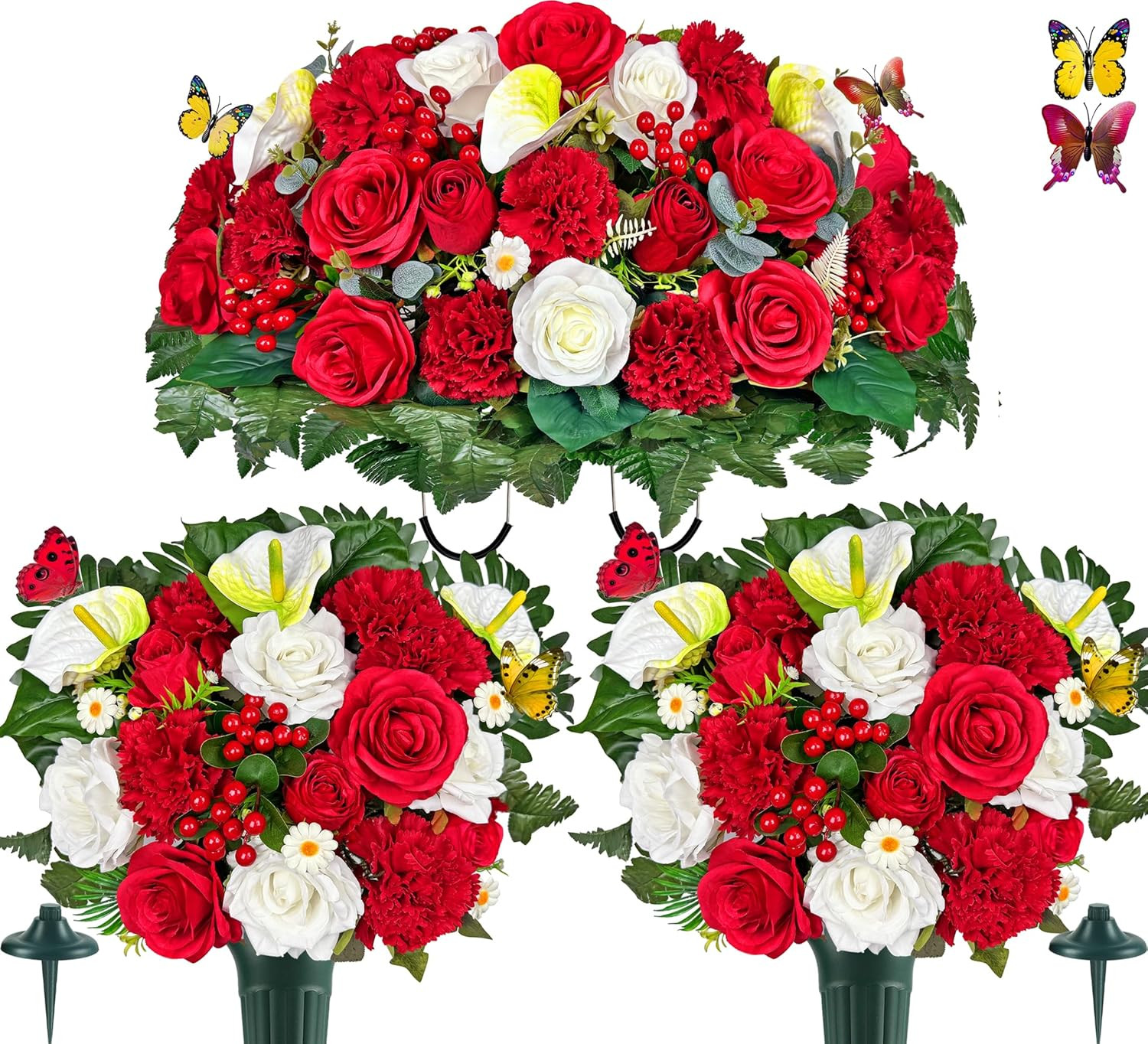 Elegant Artificial Cemetery Flowers with Vases – 3Pc Red Rose & Carnation Set
