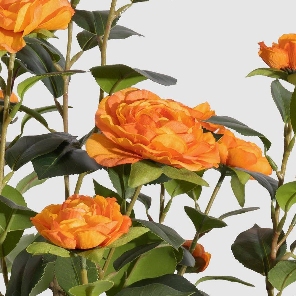 3 Ft. Artificial Camellia Flower Tree in Pot, Lifelike Green Leaves, Orange Blos