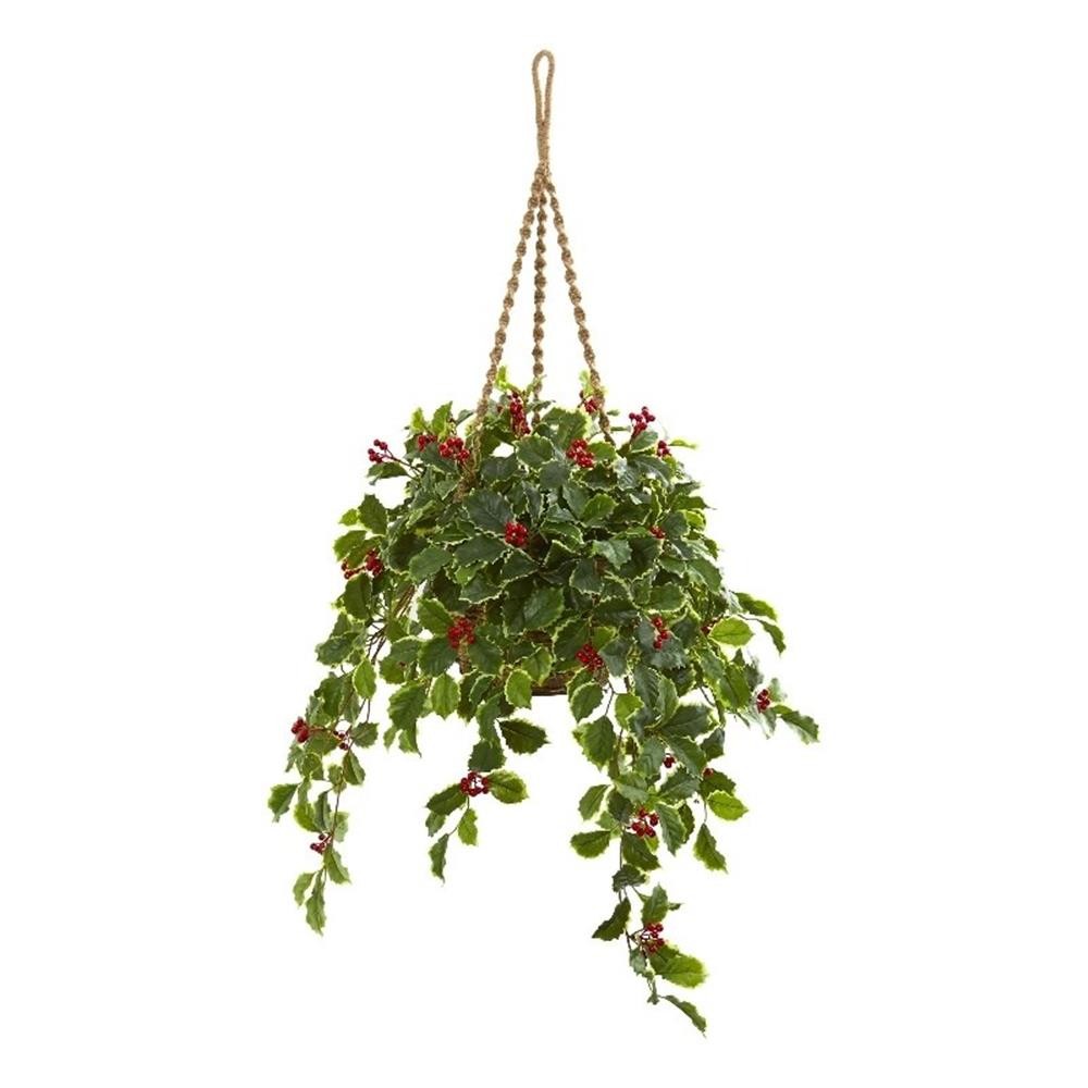 Nearly Natural 40″ Variegated Holly with Berries in Hanging Basket (Real Touch)