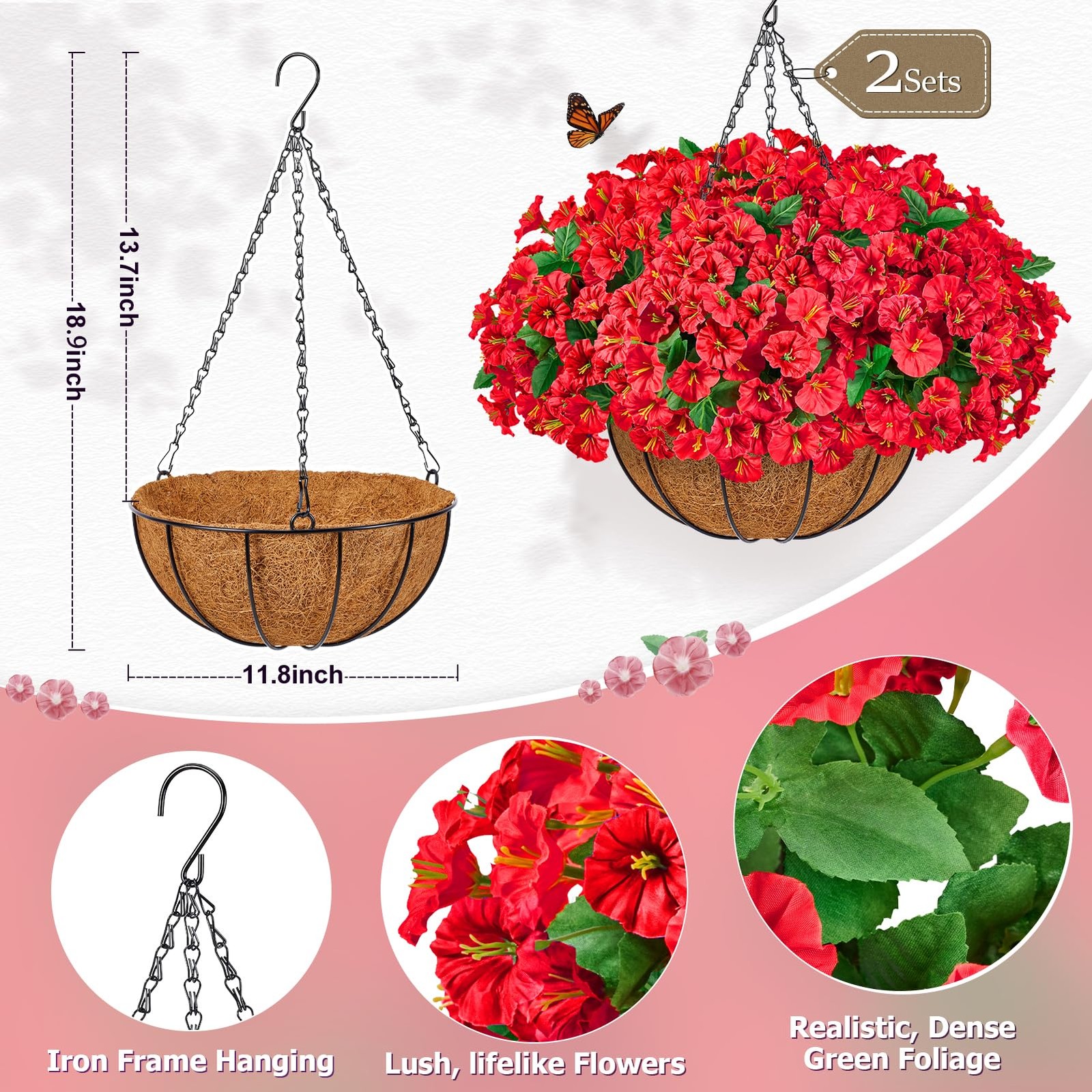 Set of 2 Artificial Hanging Flower Baskets for Outdoor Decor, 16 Bundles Faux…