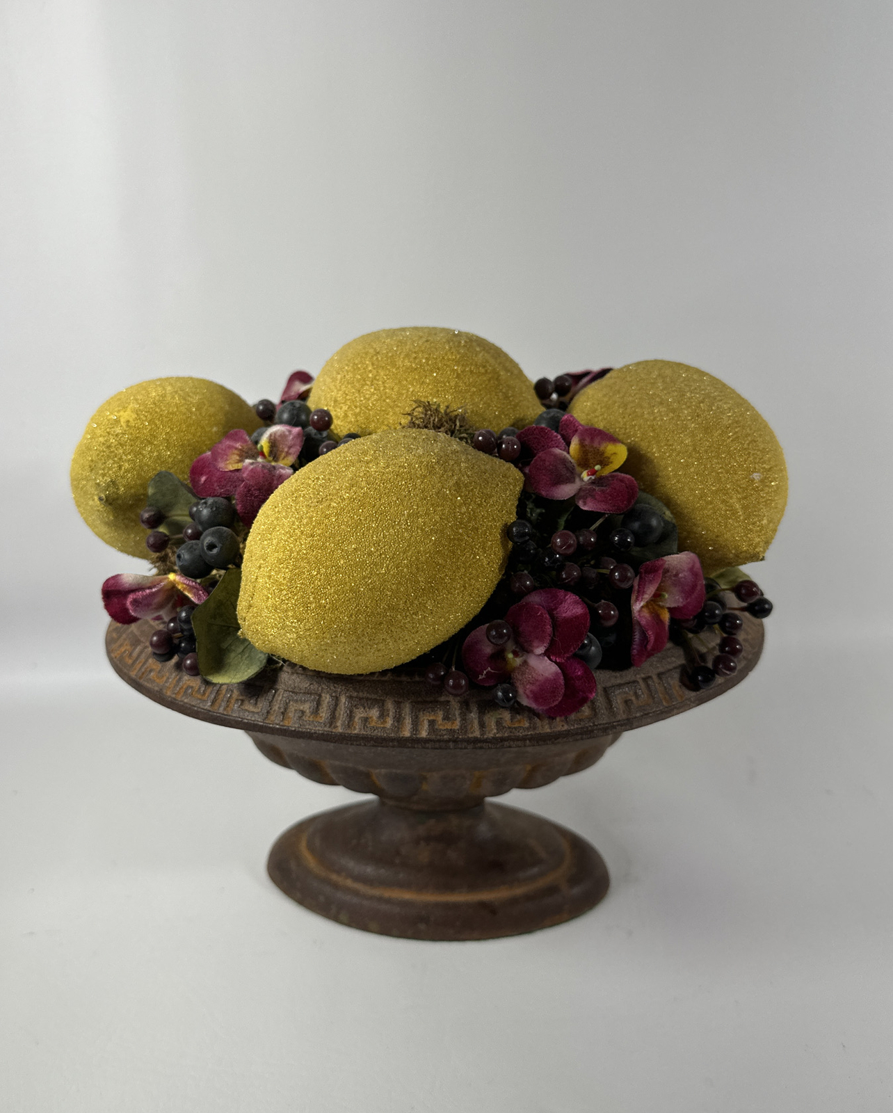 Vintage Rare Artificial Lemon Arrangement In A Cast Iron Vase Bass Green Bottom