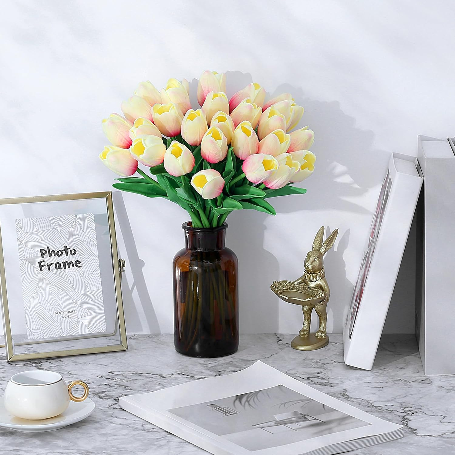 15Pcs Tulips Fake Pink Artificial Flowers Real Touch 14″ PU Flower for Home Deco