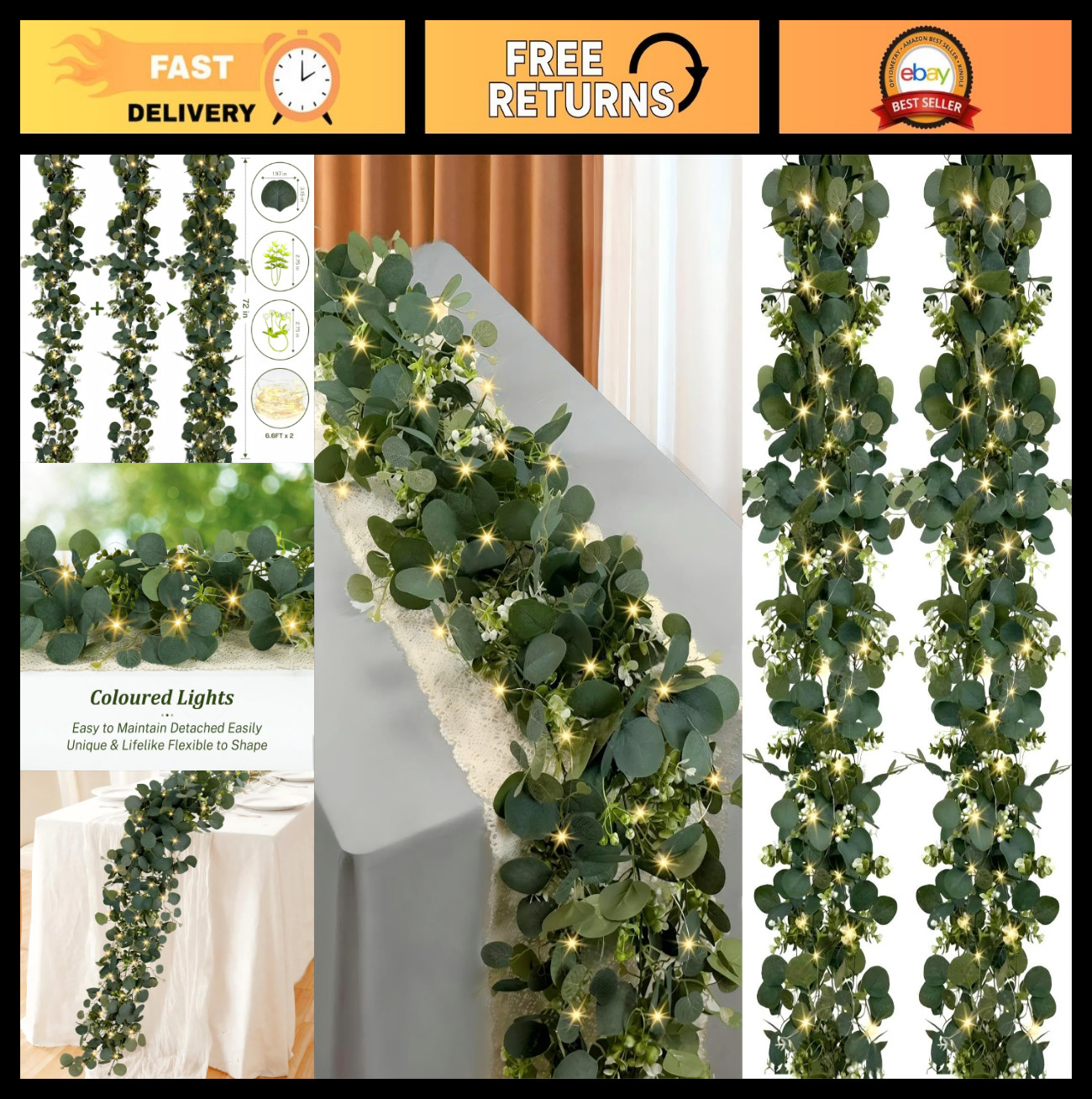 6FT Eucalyptus Garland with Lights – 2 Packs Greenery Vines for Wedding Decor, C