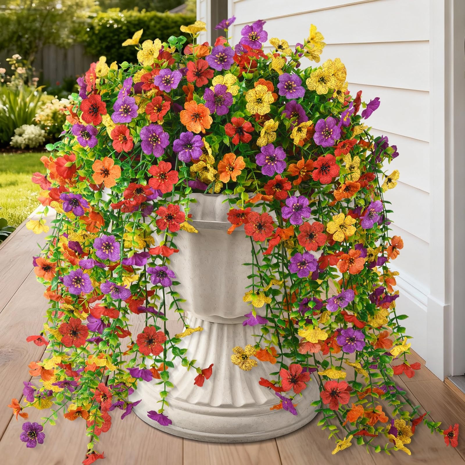 8PCS UV Resistant Artificial Hanging Flowers – Faux Silk Daisy & Eucalyptus Deco