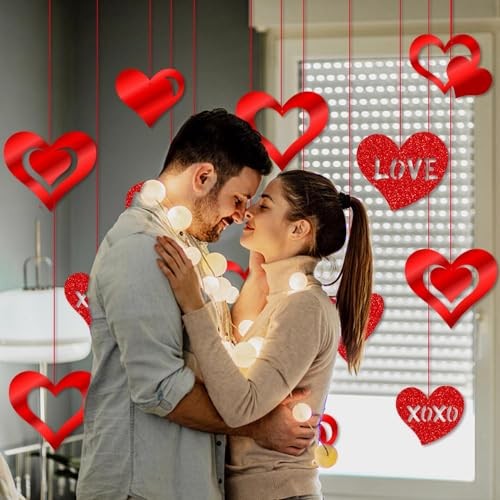 16 Pack Valentines Hanging Decorations-Valentine Heart Decor, Glitter