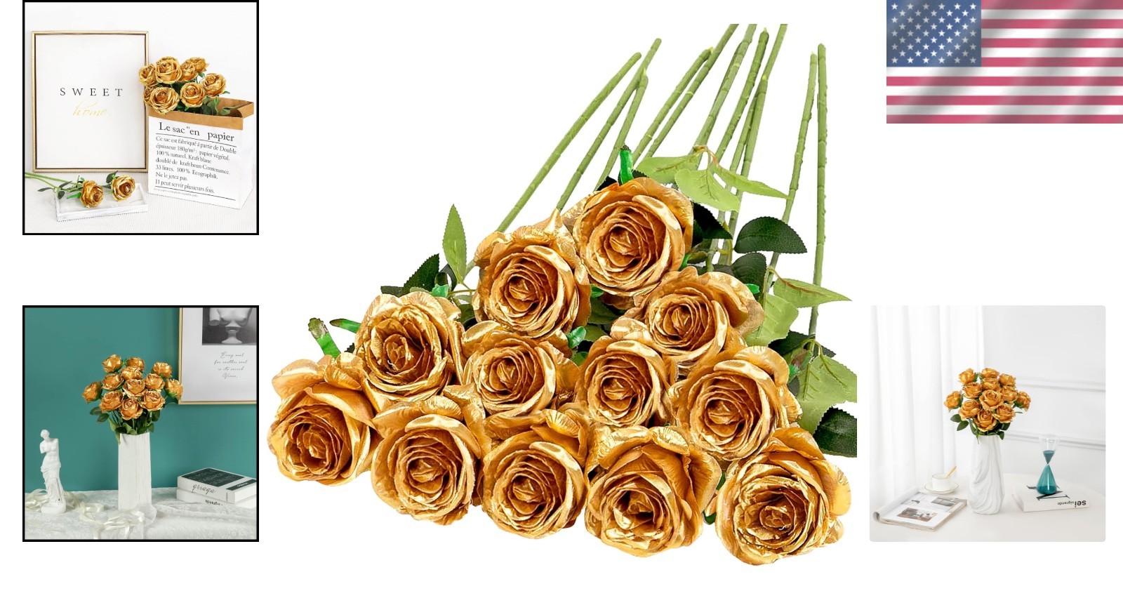 12PCS Long Stem Artificial Roses in Gold – Ideal for Home Decor & Special Events