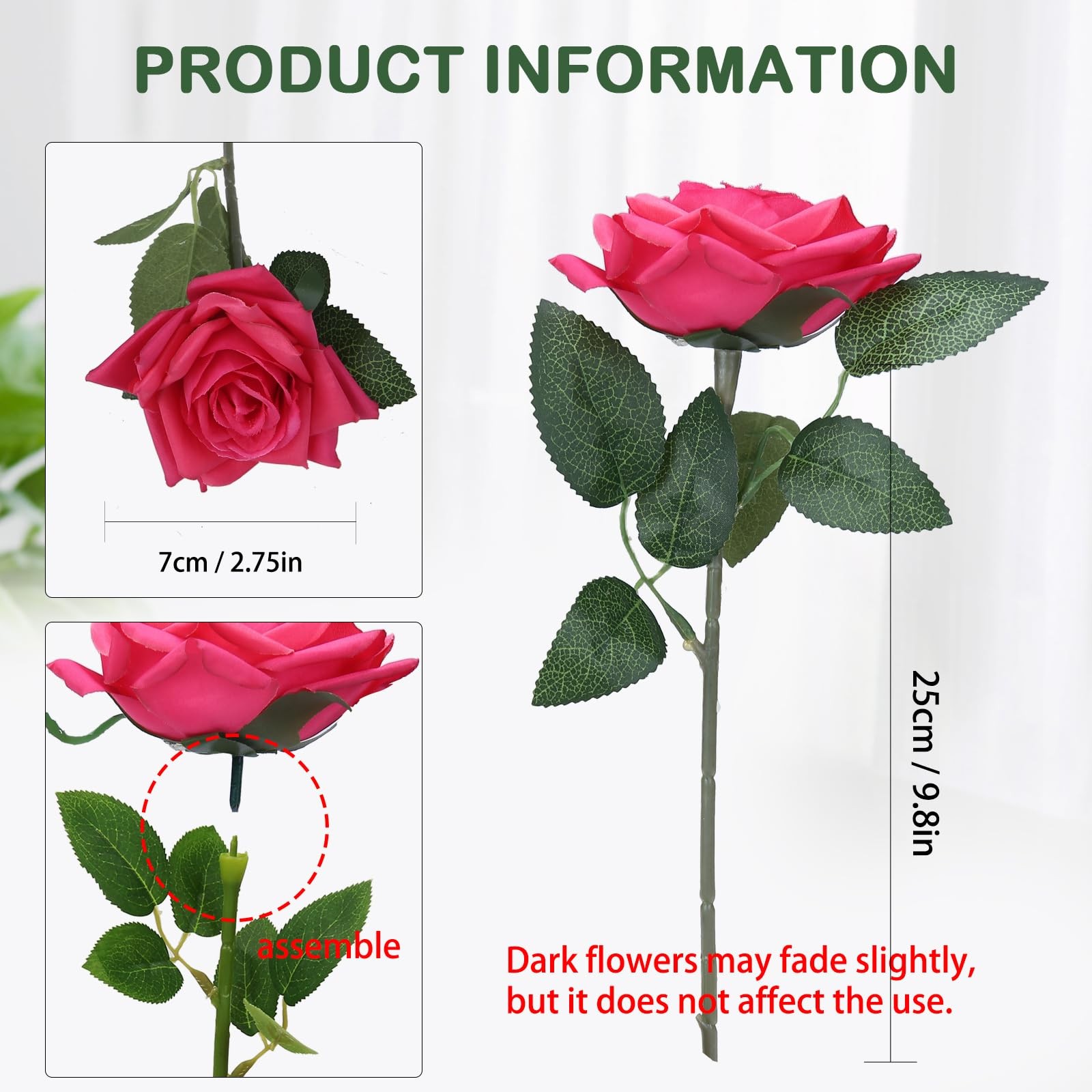 GREENTIME 12 Pack Fuchsia Fake Roses Artificial Flowers with Stems Silk Flower B