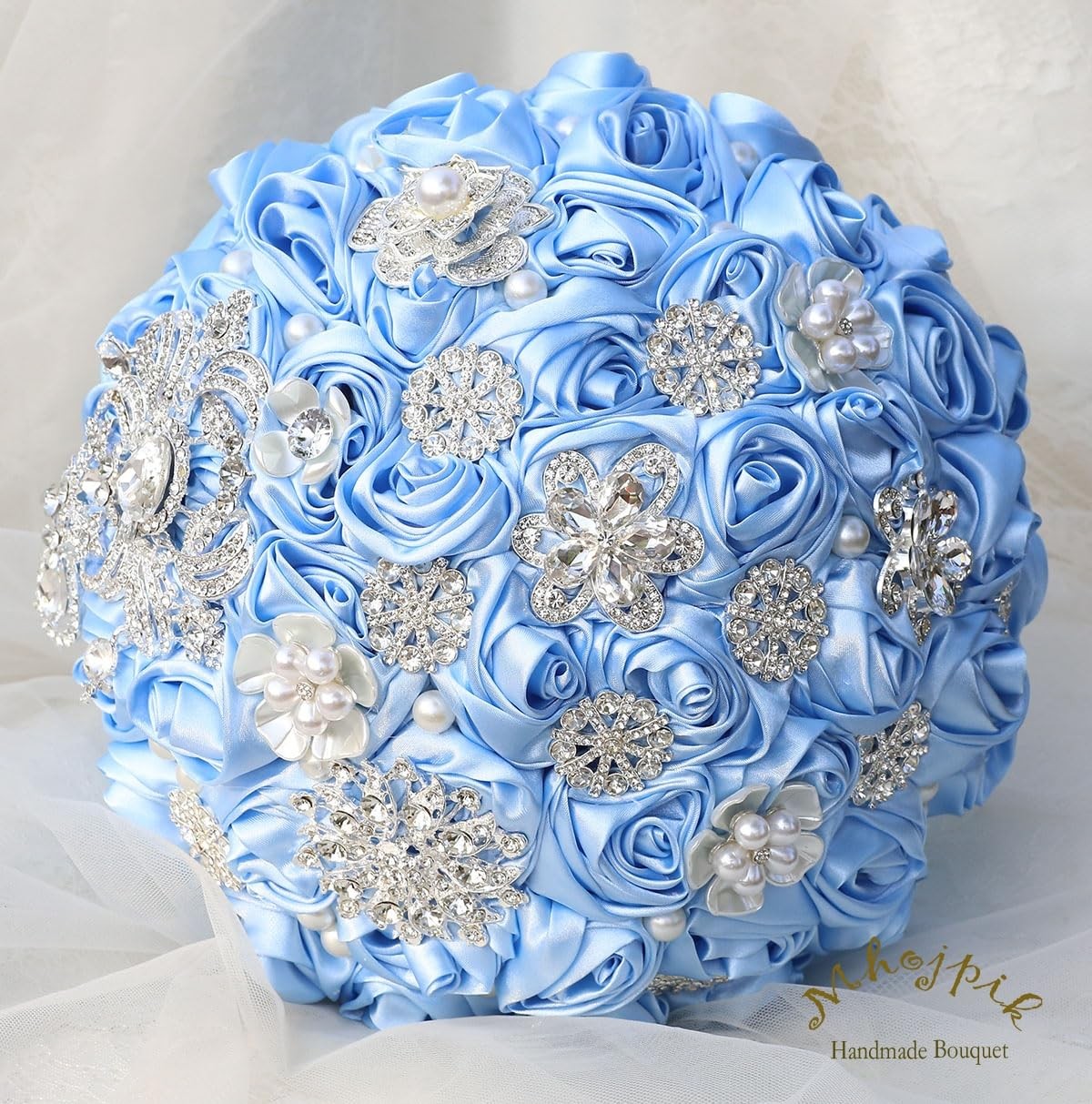 Bridal Wedding Bouquet Round Bling Brooch Bouquet Artificial Rose Flower Bunc…