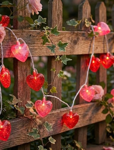 Heart String Lights, 8.5Ft Valentine’s Day Decorations Pink/Red Glitter Heart