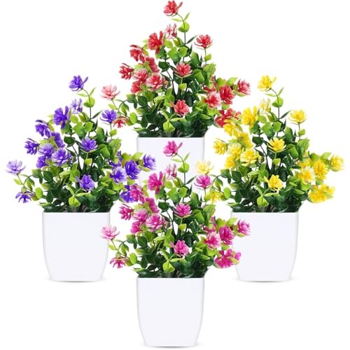Fake Flowers Packs Artificial Plants Indoor Mini 4 Mix Red Rose Yellow Purple