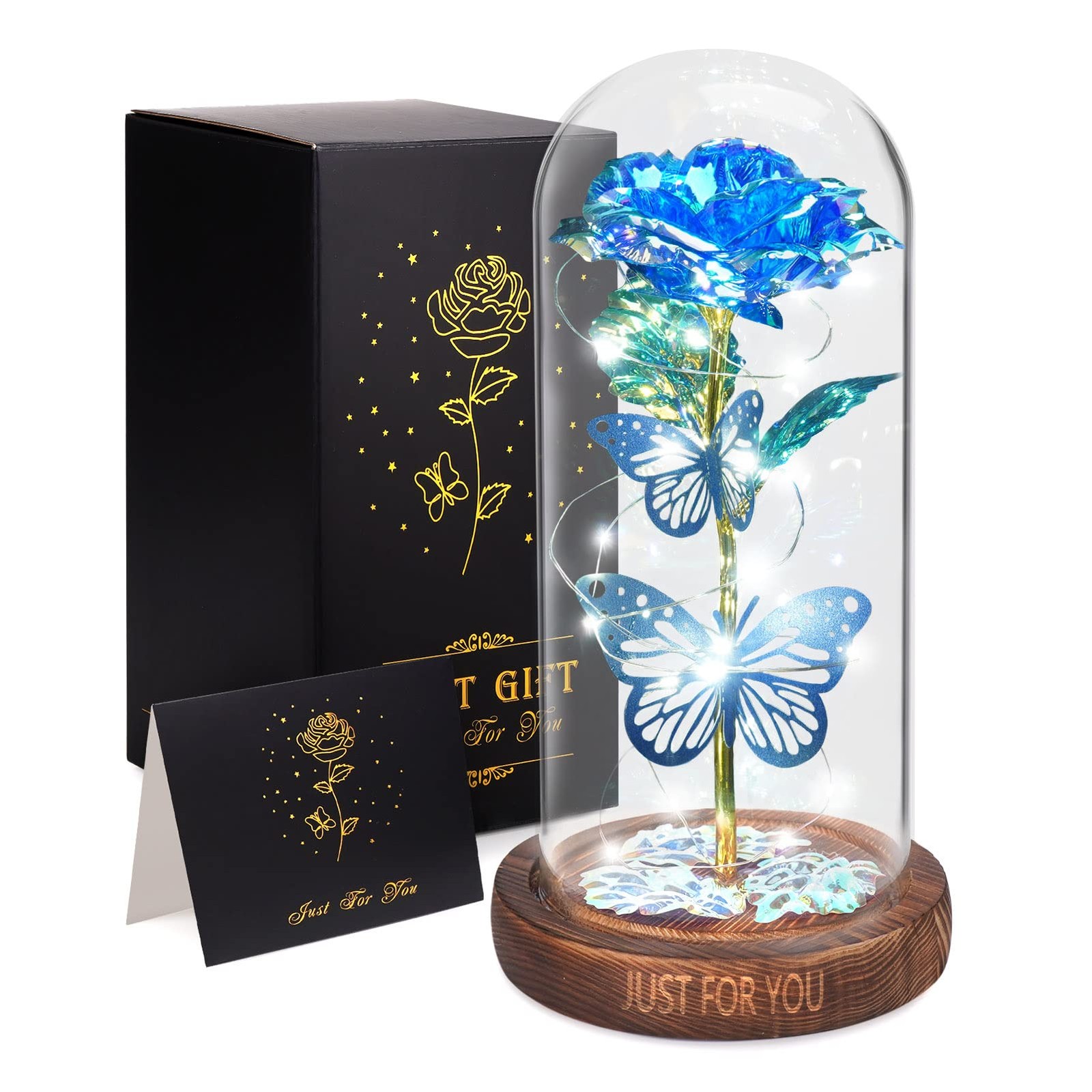 WOKEISE Light Up Rose Butterfly in Glass Dome, Mothers Small, Dome-blue