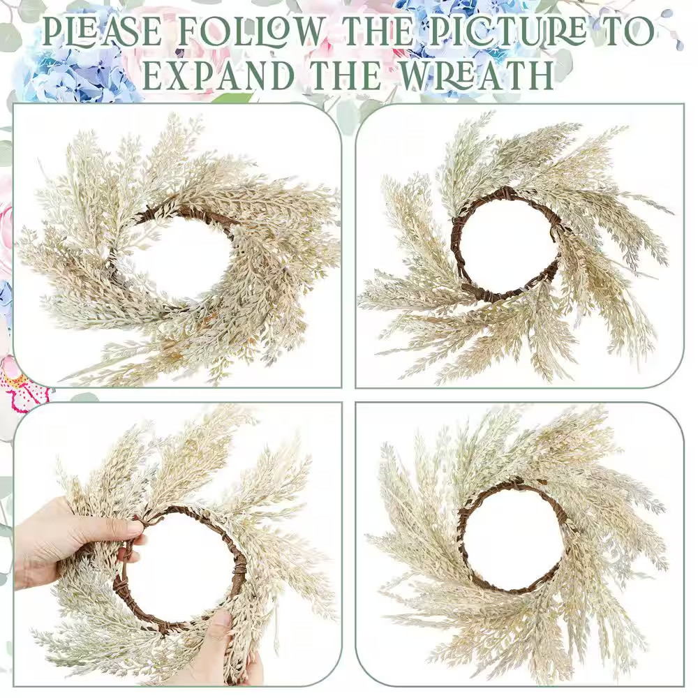 2.36 in Beige Artificial Plant Pampas Grass Candle Ring Wreath 4 Pcs Faux Boho T