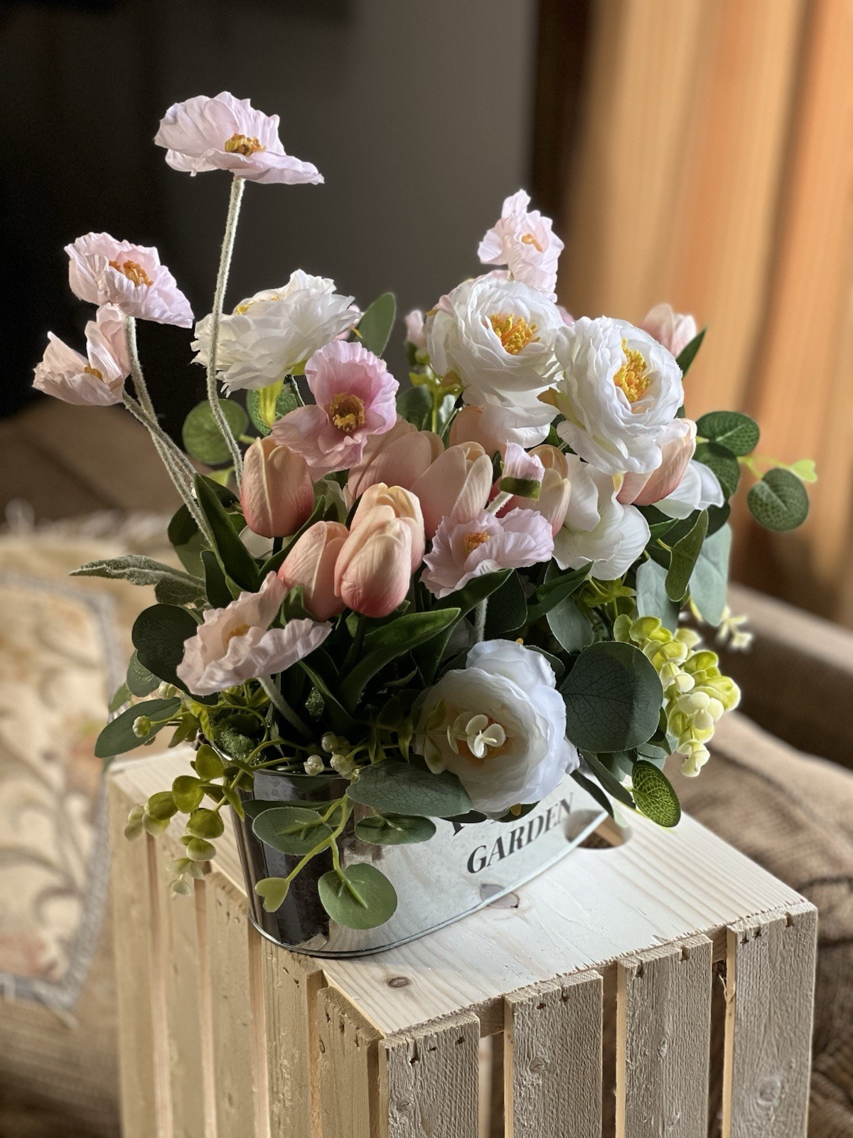 Cottagecore Silk Flower Centerpiece – Pink Tulips & White Peonies Oval Metal Tin