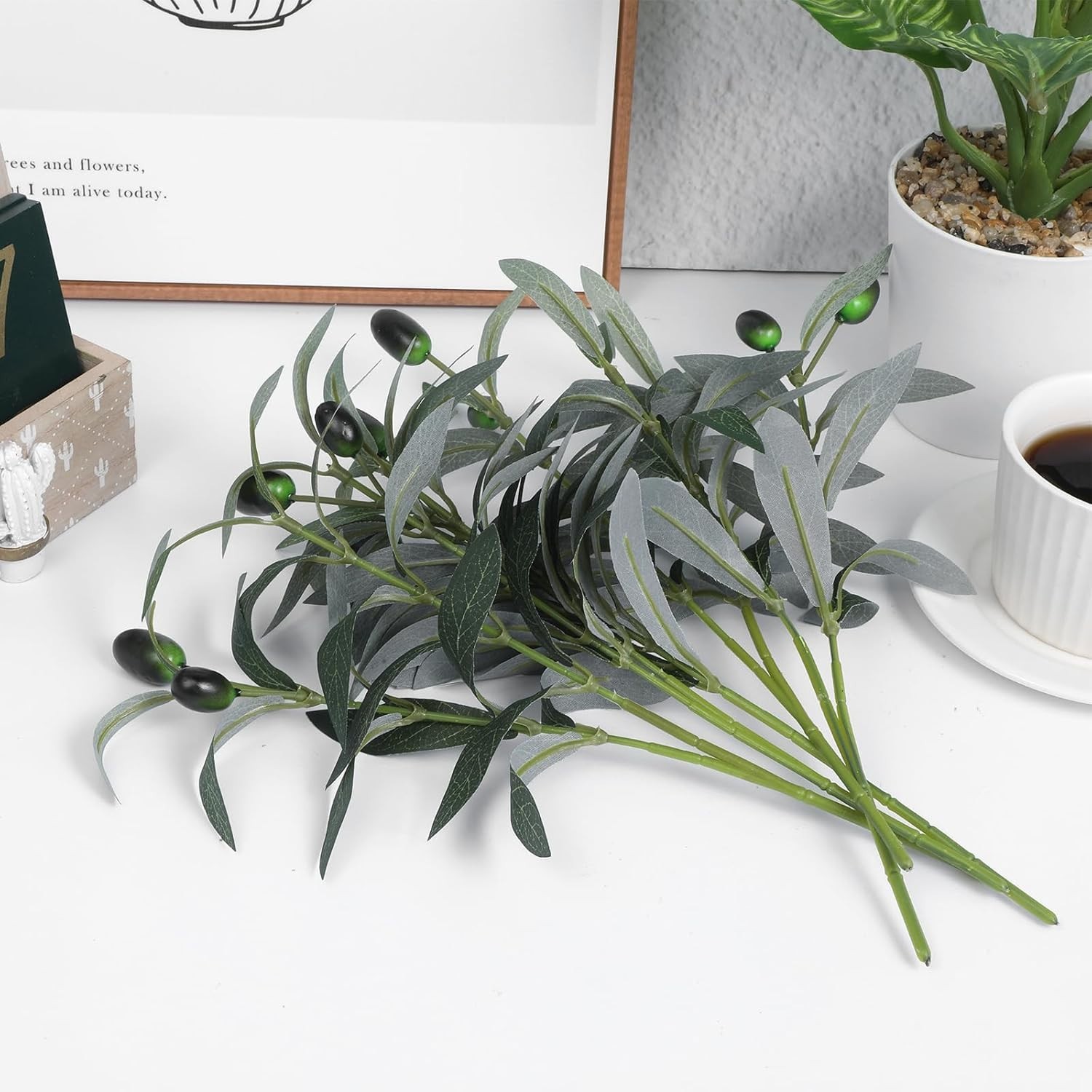 5Pcs Faux Olive Leaves Stems, 11 Inch Olive Branches Artificial Tree Tabletop Gr