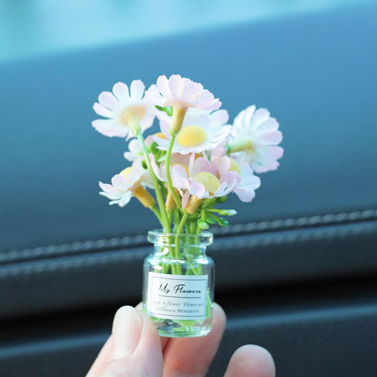 Set of 3 Mini Daisy Flowers in Glass Vase Cute Car Accessories for Rear View