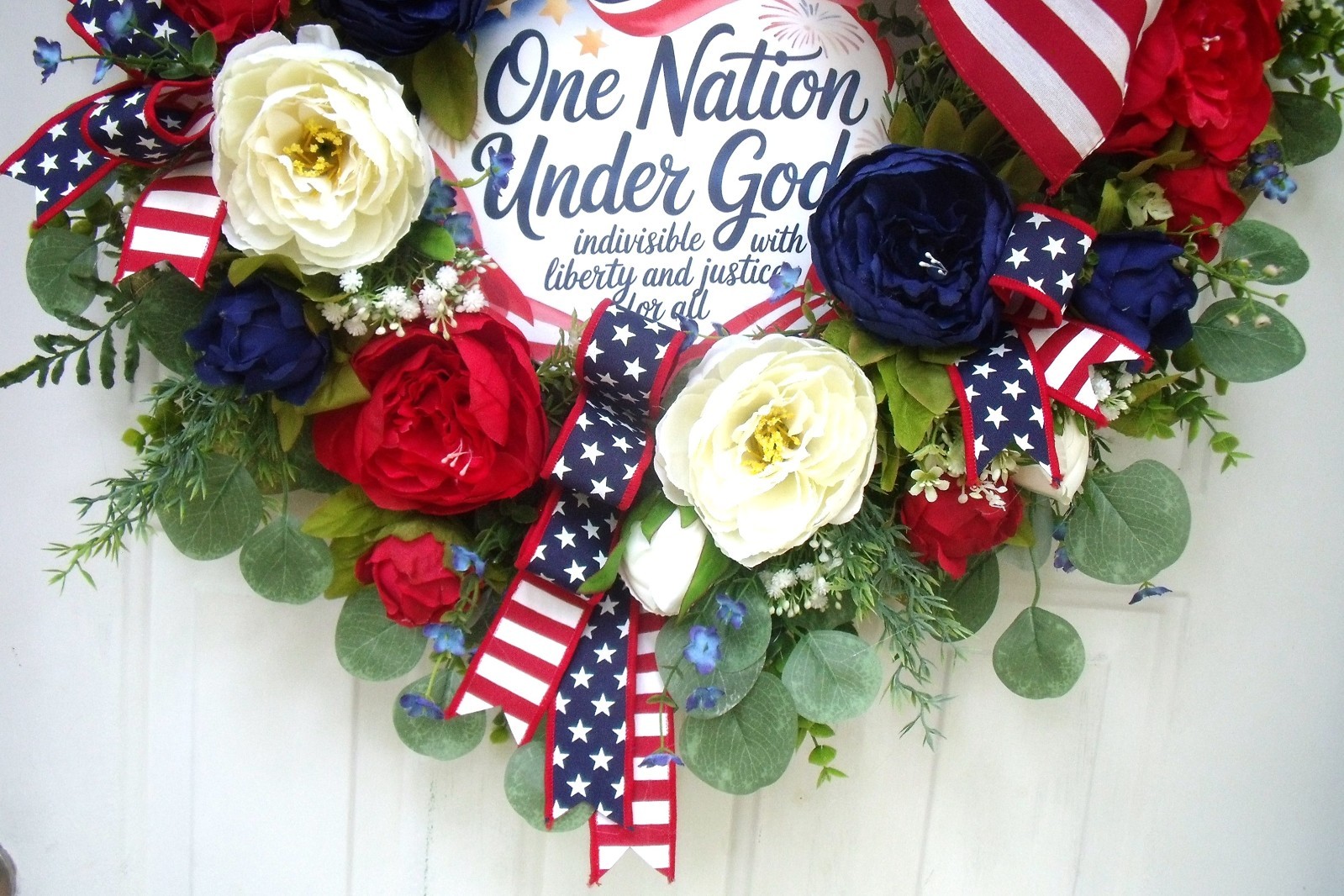 Patriotic Peony/Flag Wreath, Red/White/Blue, One Nation Under God