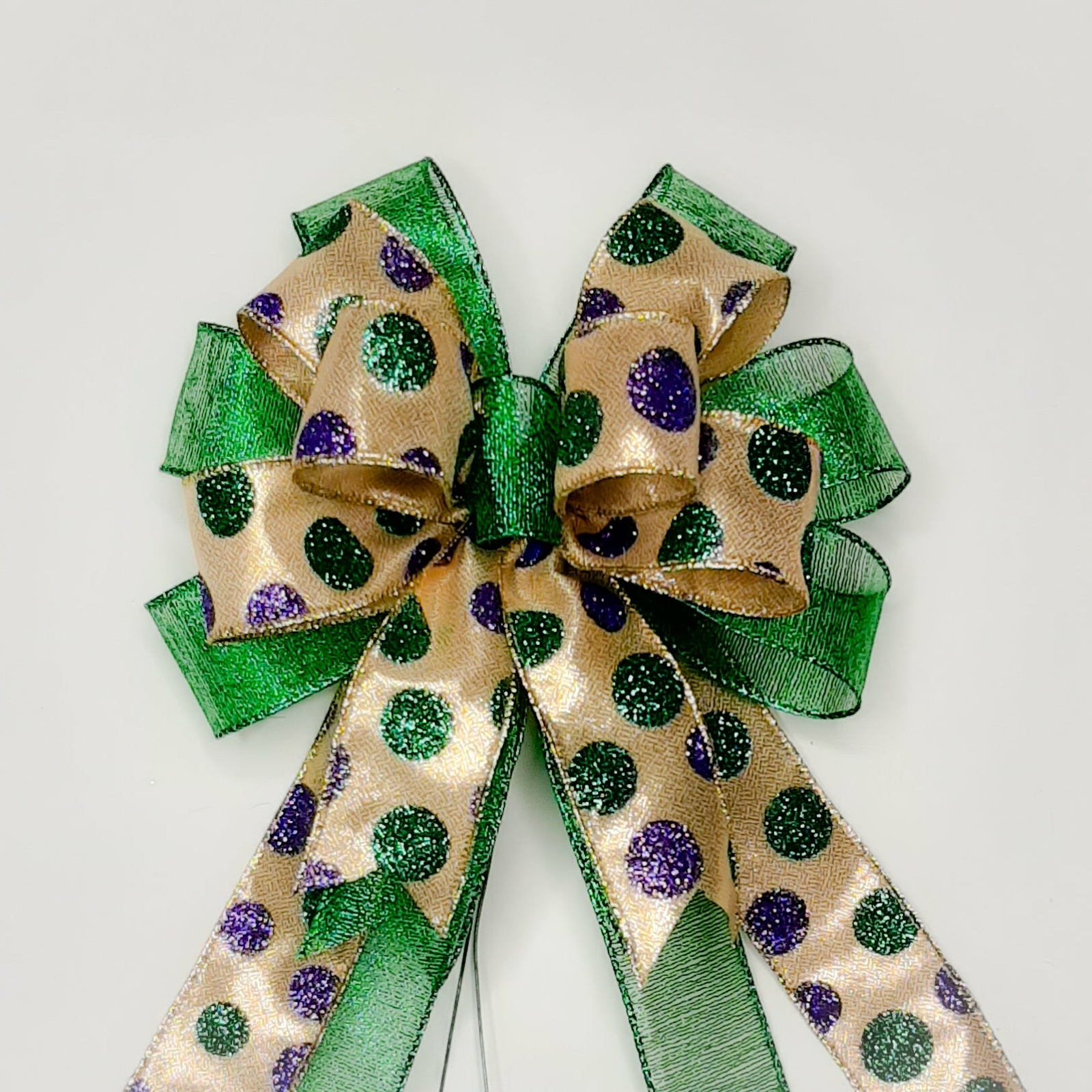 Mardi Gras Bow, Purple Satin, Metallic Gold, Dots